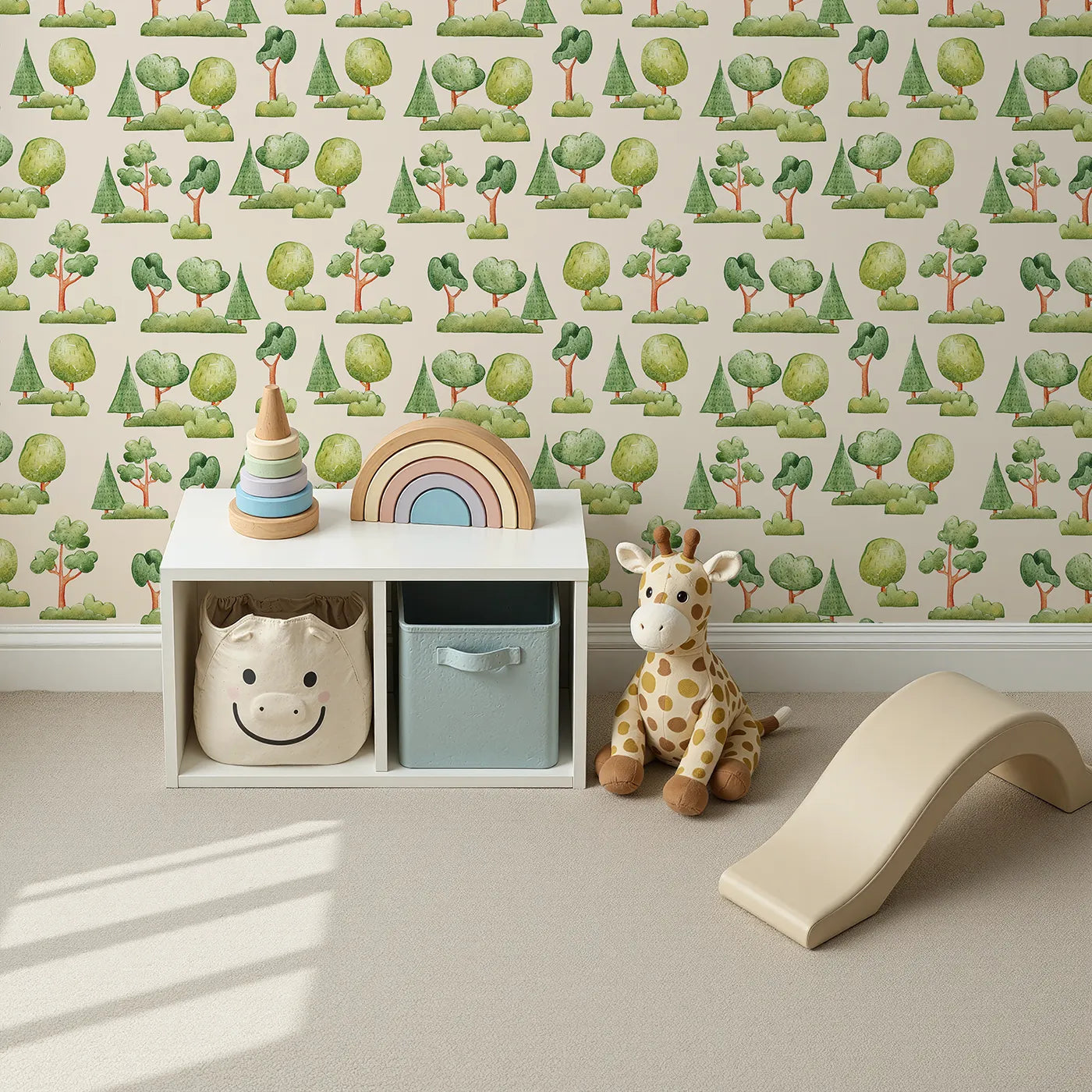 Top-Down view of Whimsy Tots' Forest Meadow Grove Wallpaper in Cream (W3287C).Watercolor trees rest gently on a soft cream background.