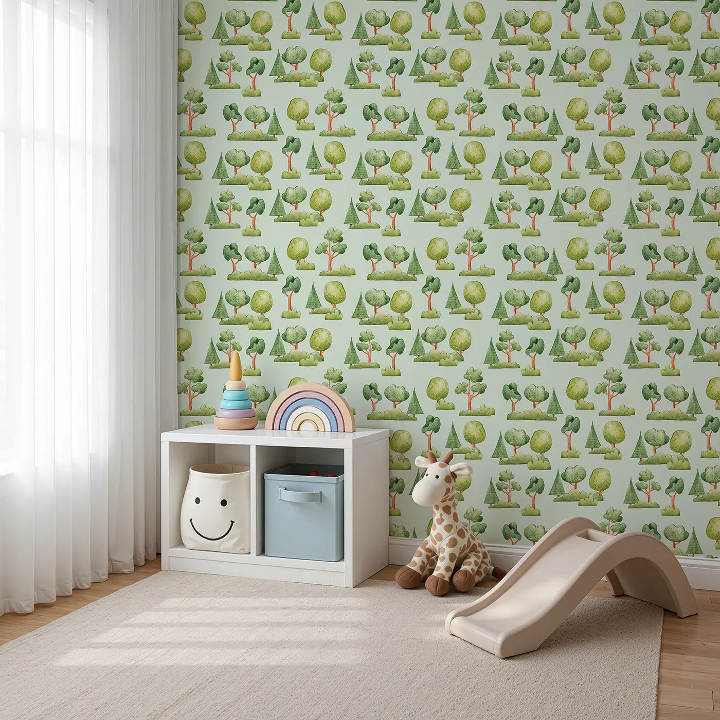 Angled view of Whimsy Tots' Forest Meadow Grove Wallpaper in Mint Green (W3287D).Cheerful trees and bushes bloom on a soft mint green sky.