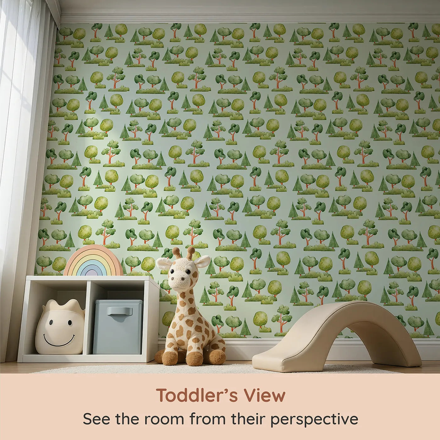 Whimsy Tots Forest Meadow Grove Wallpaper in Mint Green (W3287D) from your child's view.Cheerful trees and bushes bloom on a soft mint green sky.