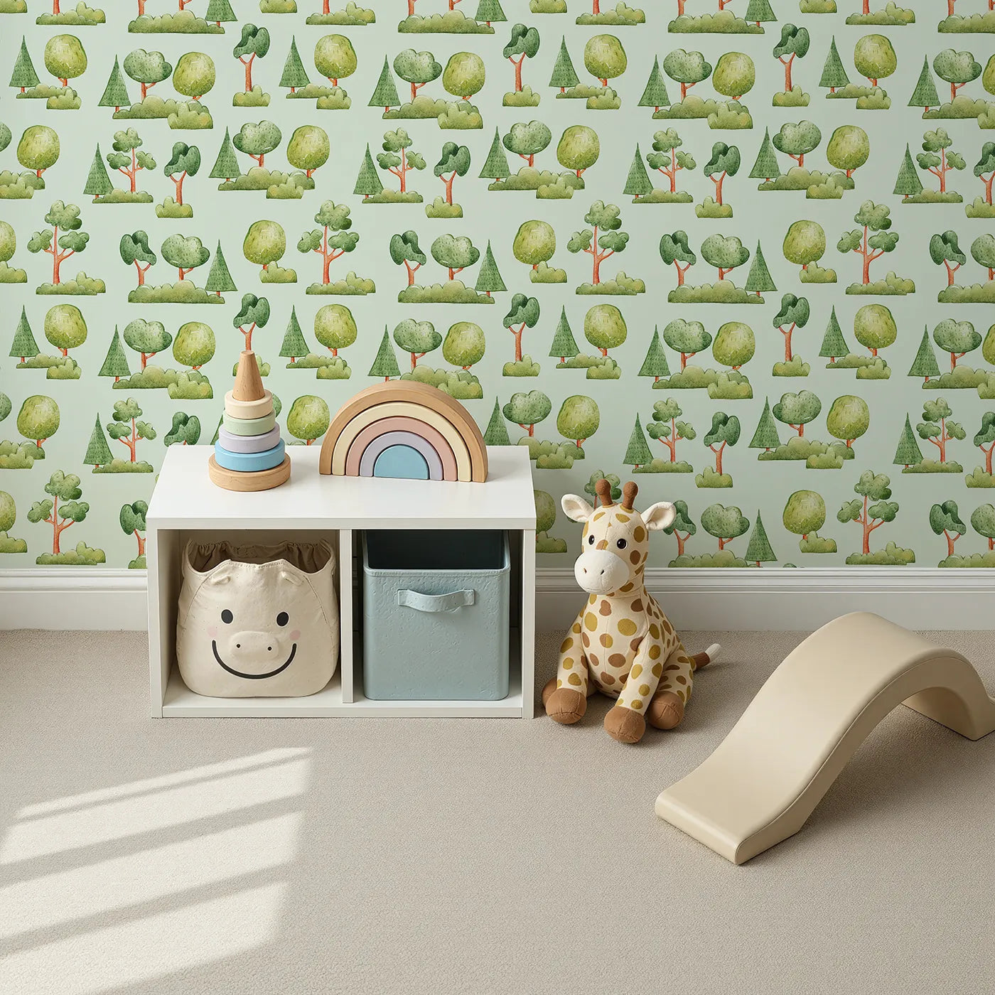 Top-Down view of Whimsy Tots' Forest Meadow Grove Wallpaper in Mint Green (W3287D).Cheerful trees and bushes bloom on a soft mint green sky.