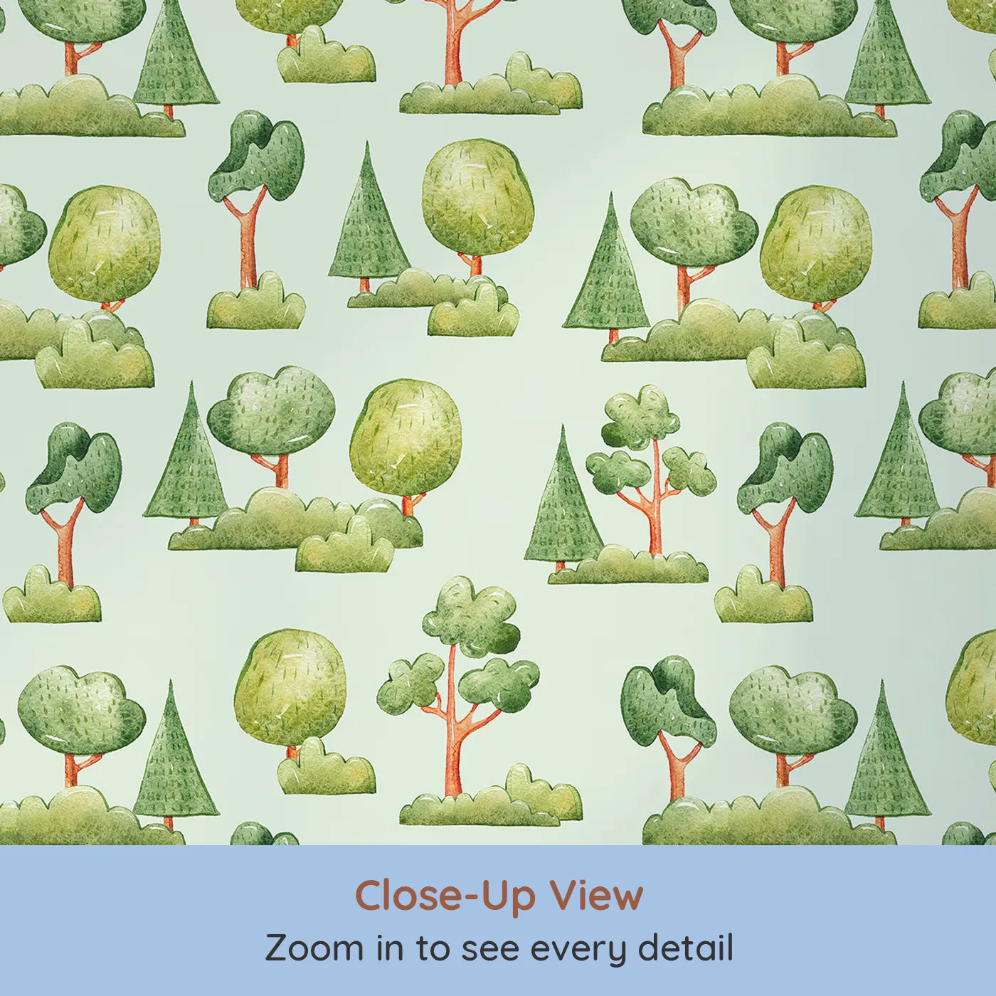 Close-up view of Whimsy Tots' Forest Meadow Grove Wallpaper in Mint Green (W3287D).Cheerful trees and bushes bloom on a soft mint green sky.