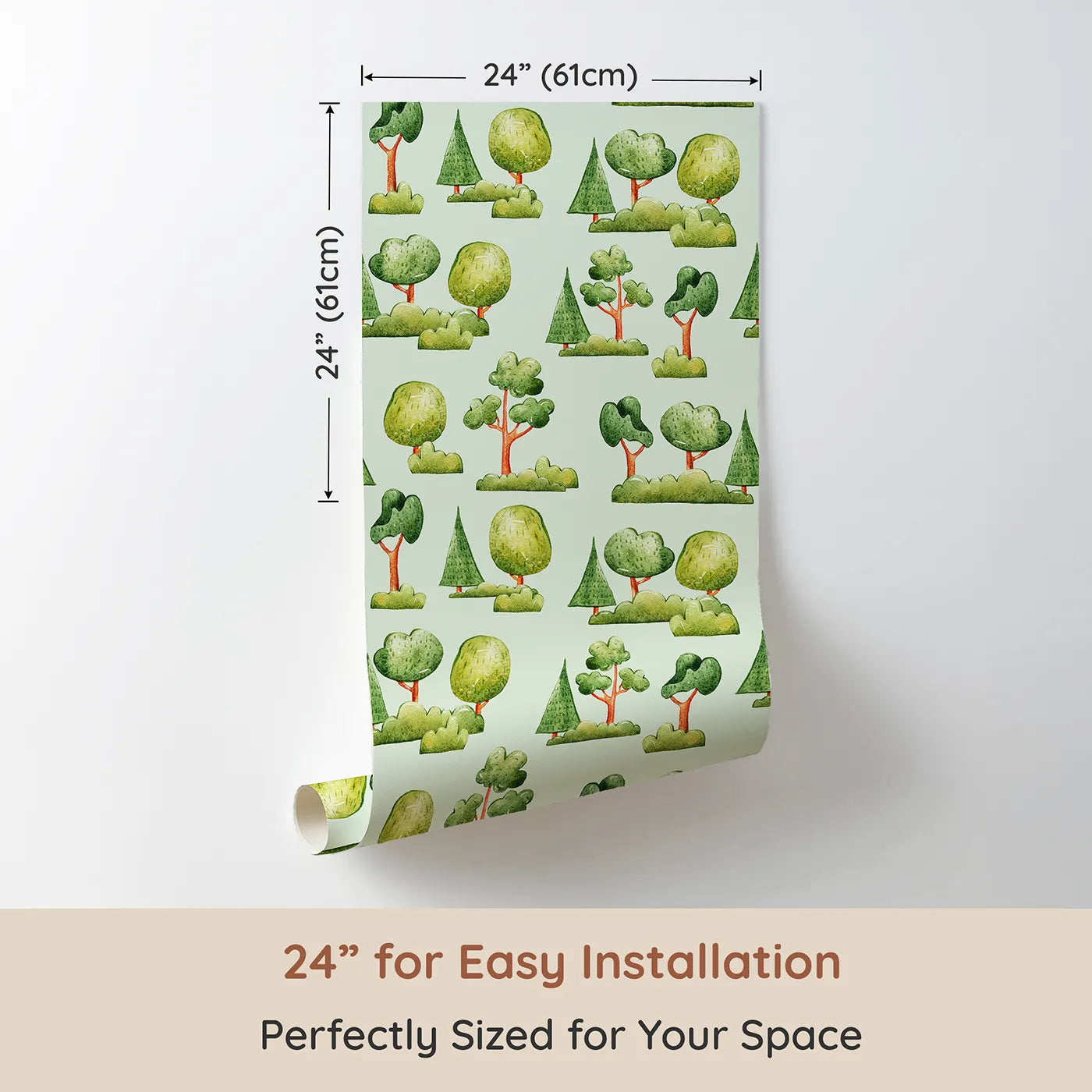 Dimension view of Whimsy Tots Forest Meadow Grove Wallpaper in Mint Green (W3287D). Printed in 24-inch-wide panel for easy installation. Cheerful trees and bushes bloom on a soft mint green sky.