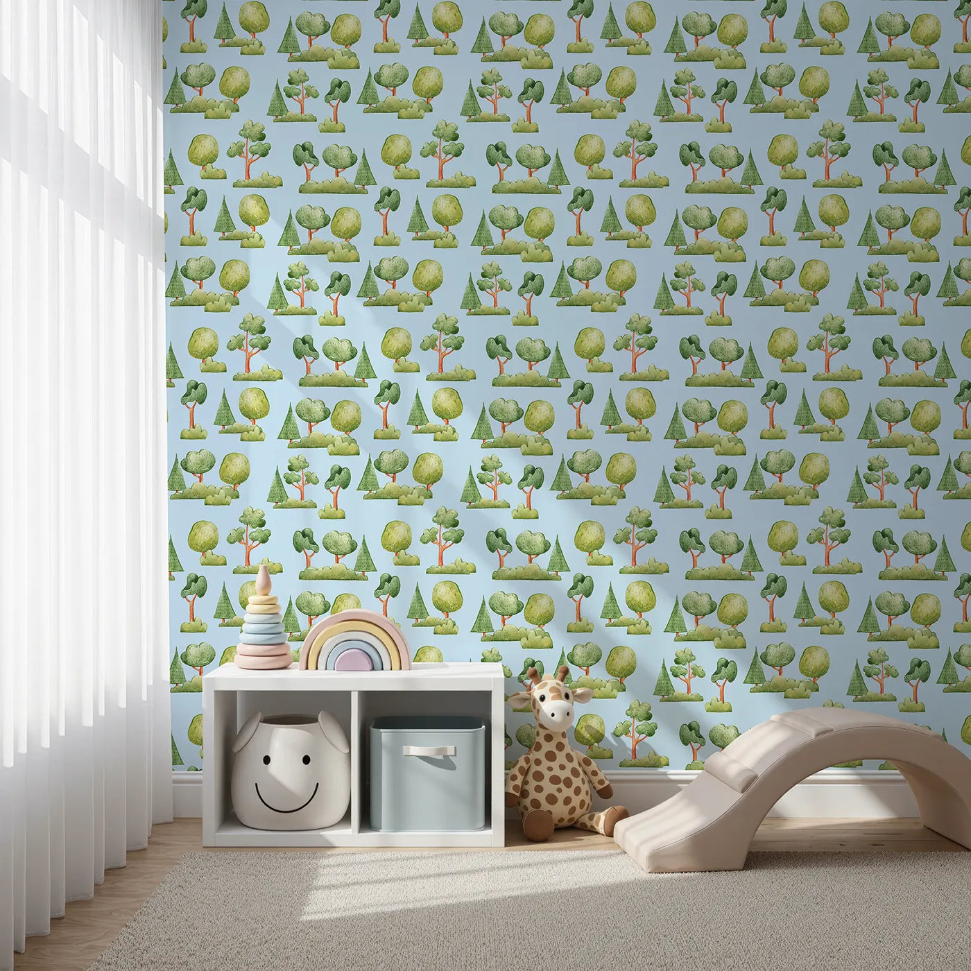 Front view of Whimsy Tots' Forest Meadow Grove Wallpaper in Blue