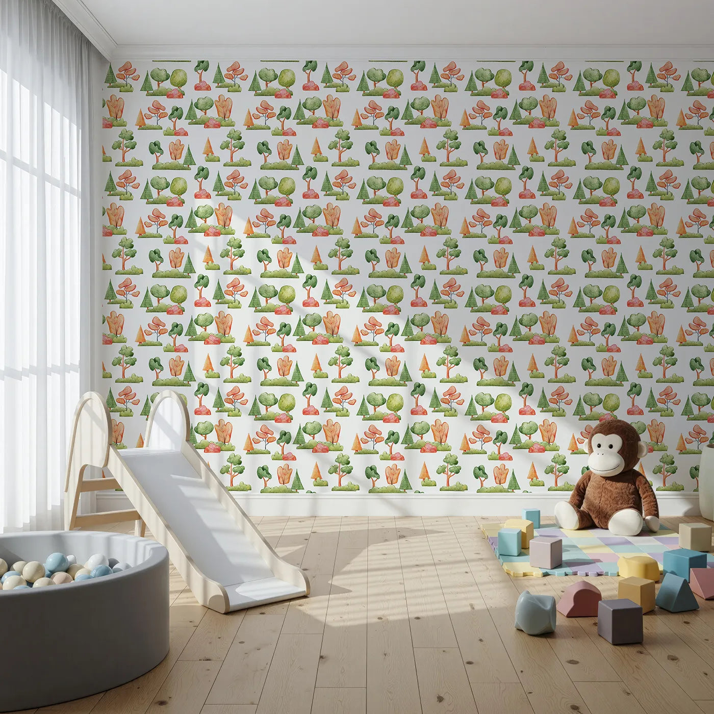 Front view of Whimsy Tots' Autumn Meadow Grove Wallpaper in White