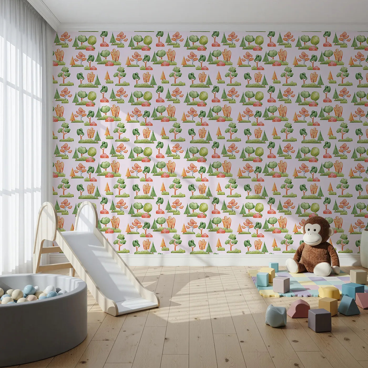 Front view of Whimsy Tots' Autumn Meadow Grove Wallpaper in Pink