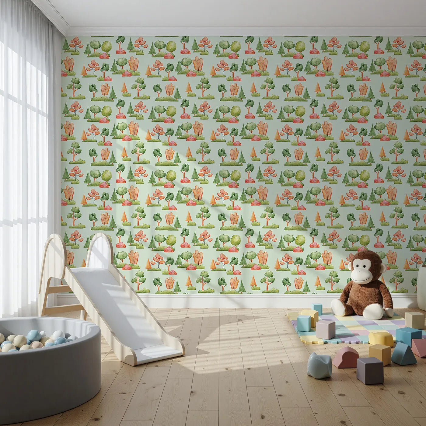 Front view of Whimsy Tots' Autumn Meadow Grove Wallpaper in Mint Green