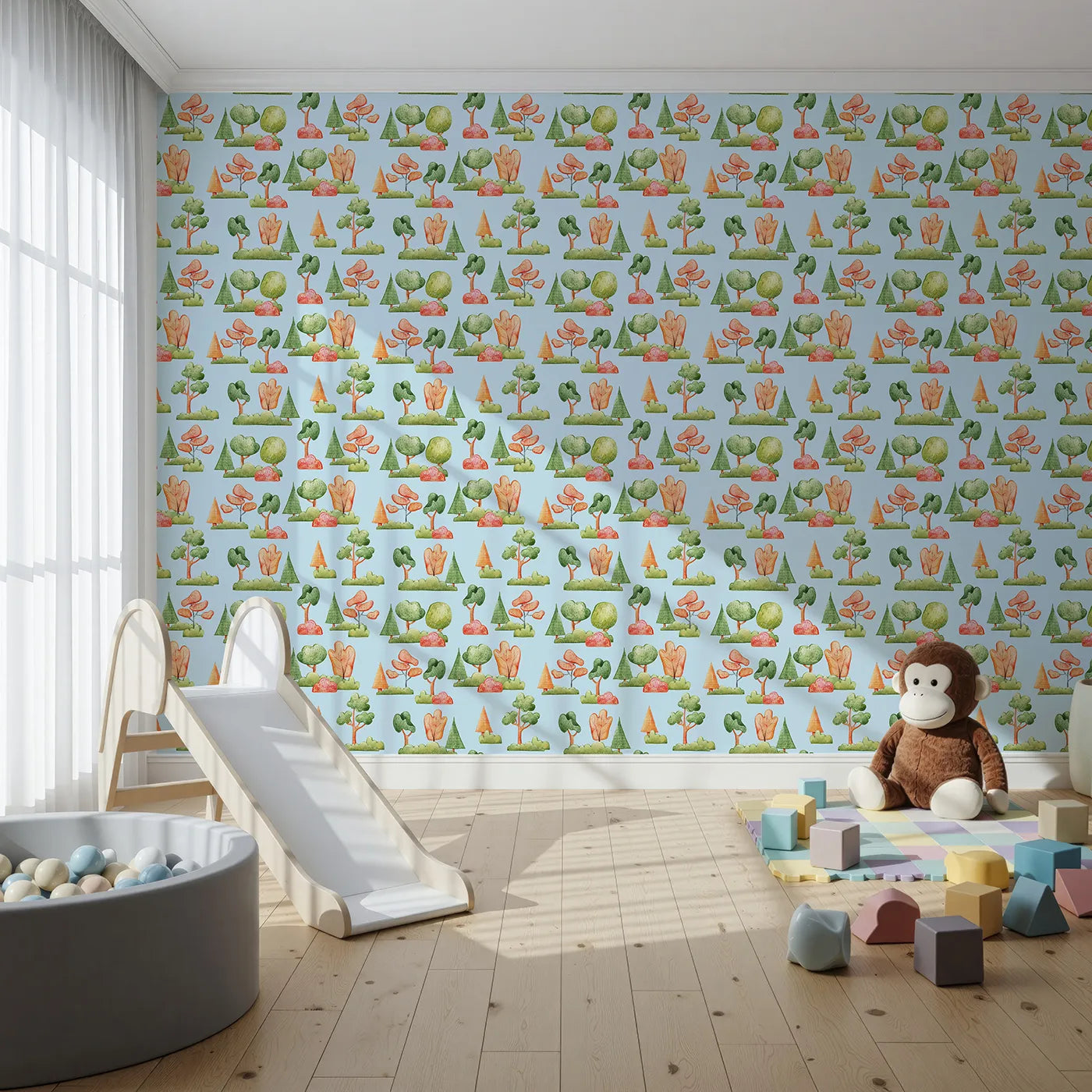 Front view of Whimsy Tots' Autumn Meadow Grove Wallpaper in Blue