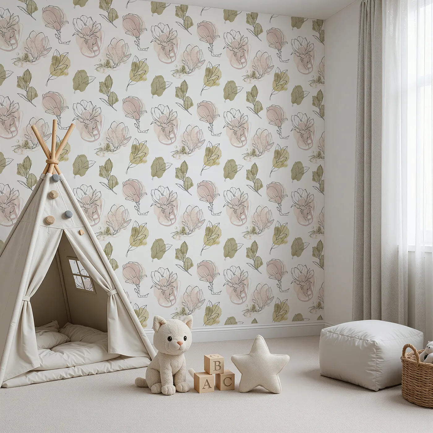 Angled view of Whimsy Tots' Blushing Magnolia Whisper Wallpaper (W3289).Gentle magnolias and leaves bloom in blush and olive tones.