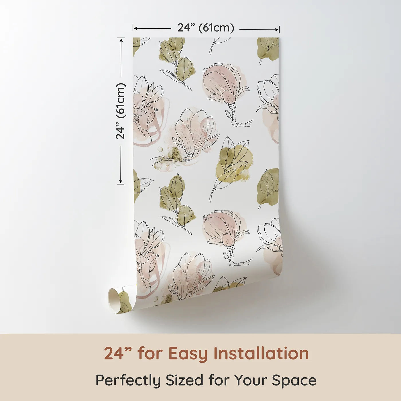Dimension view of Whimsy Tots Blushing Magnolia Whisper Wallpaper (W3289). Printed in 24-inch-wide panel for easy installation. Gentle magnolias and leaves bloom in blush and olive tones.