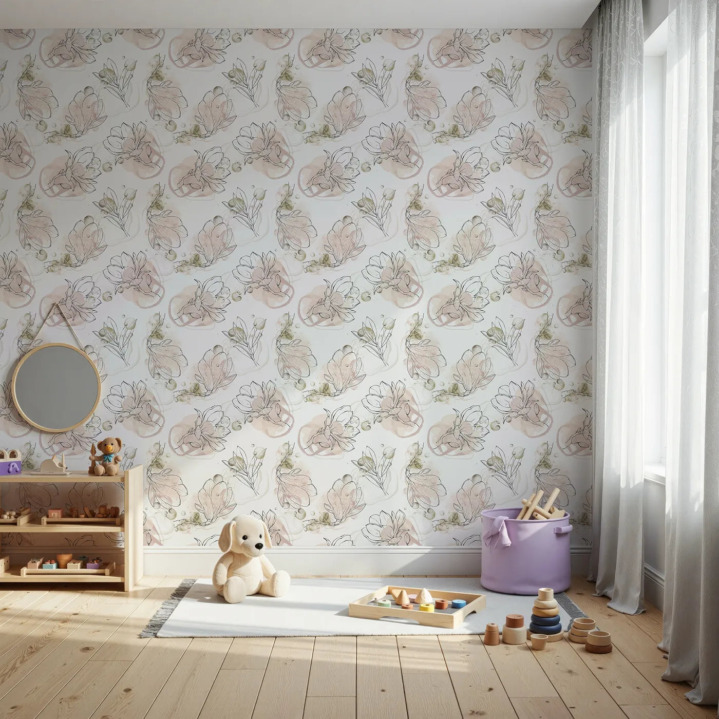 Front view of Whimsy Tots' Blushing Magnolia Whirl Wallpaper