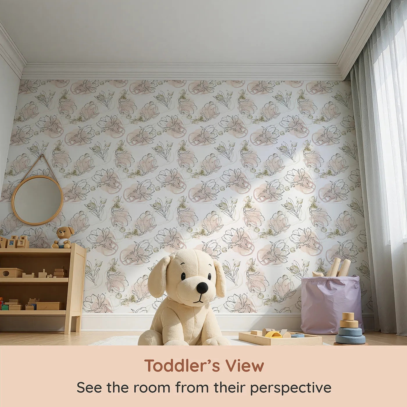 Whimsy Tots Blushing Magnolia Whirl Wallpaper (W3290) from your child's view.Floating petals and gentle bubbles create a playful floral swirl.