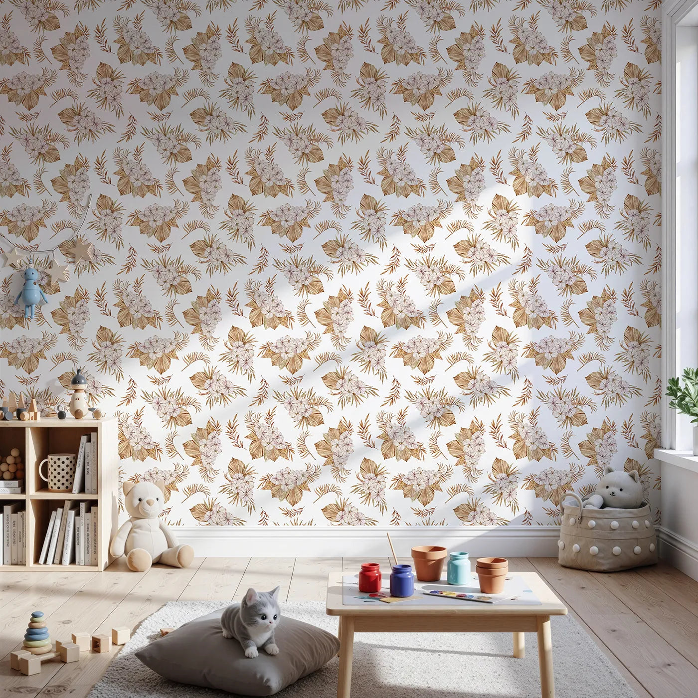 Front view of Whimsy Tots' Dried Bloom Cascade Wallpaper in White