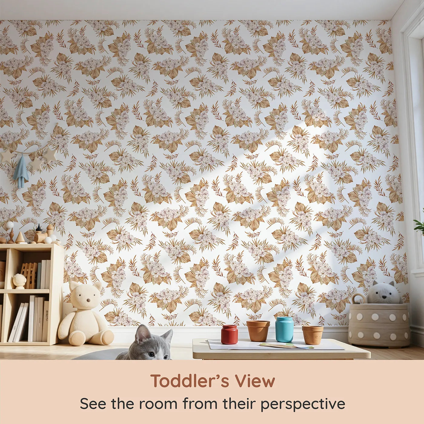 Whimsy Tots Dried Bloom Cascade Wallpaper in White (W3292A) from your child's view.Boho blossoms and dried leaves flow like gentle nature keepsakes.