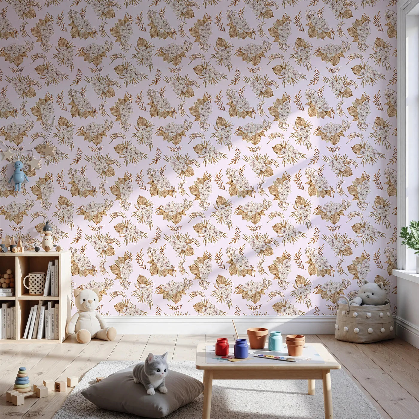 Front view of Whimsy Tots' Dried Bloom Cascade Wallpaper in Pink