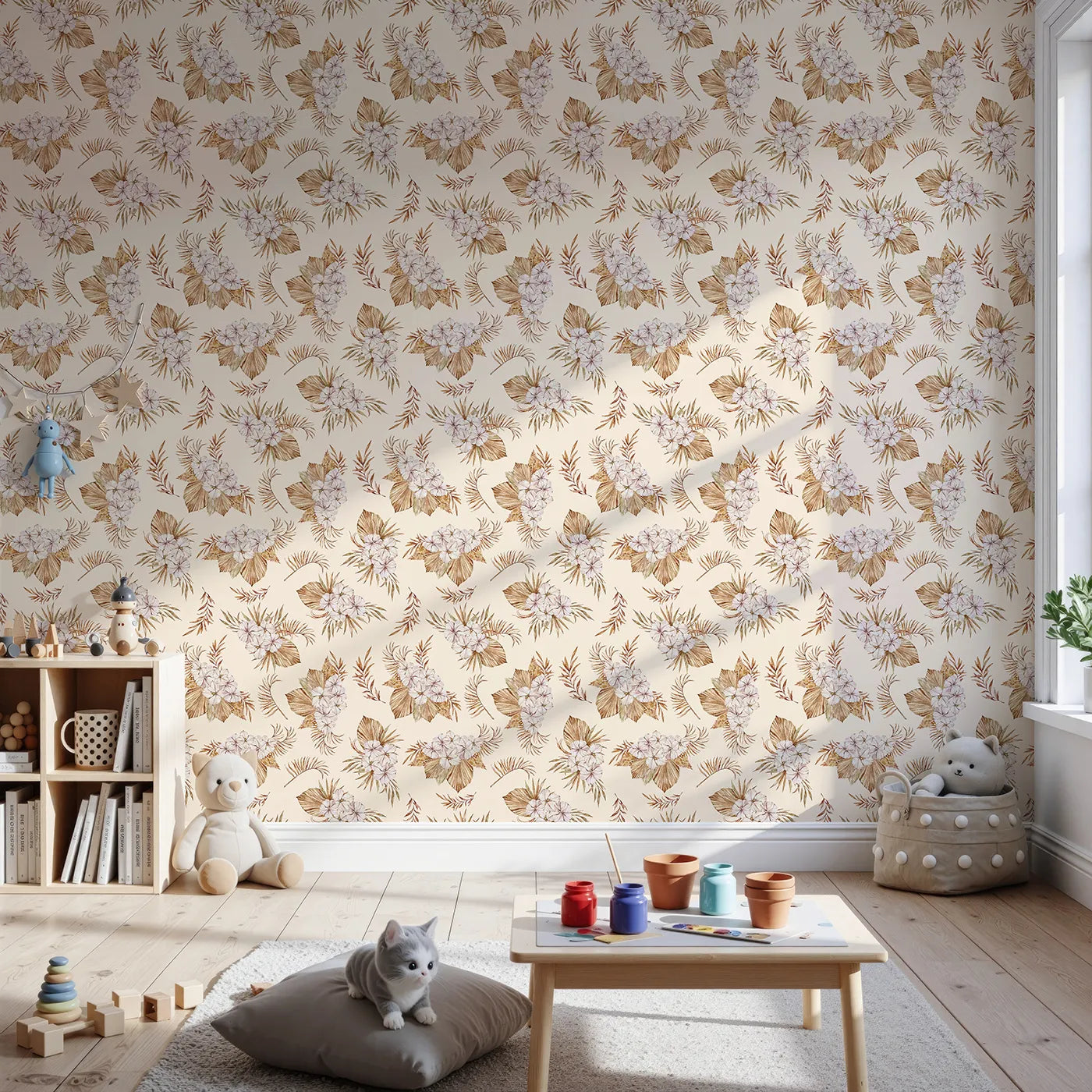 Front view of Whimsy Tots' Dried Bloom Cascade Wallpaper in Cream