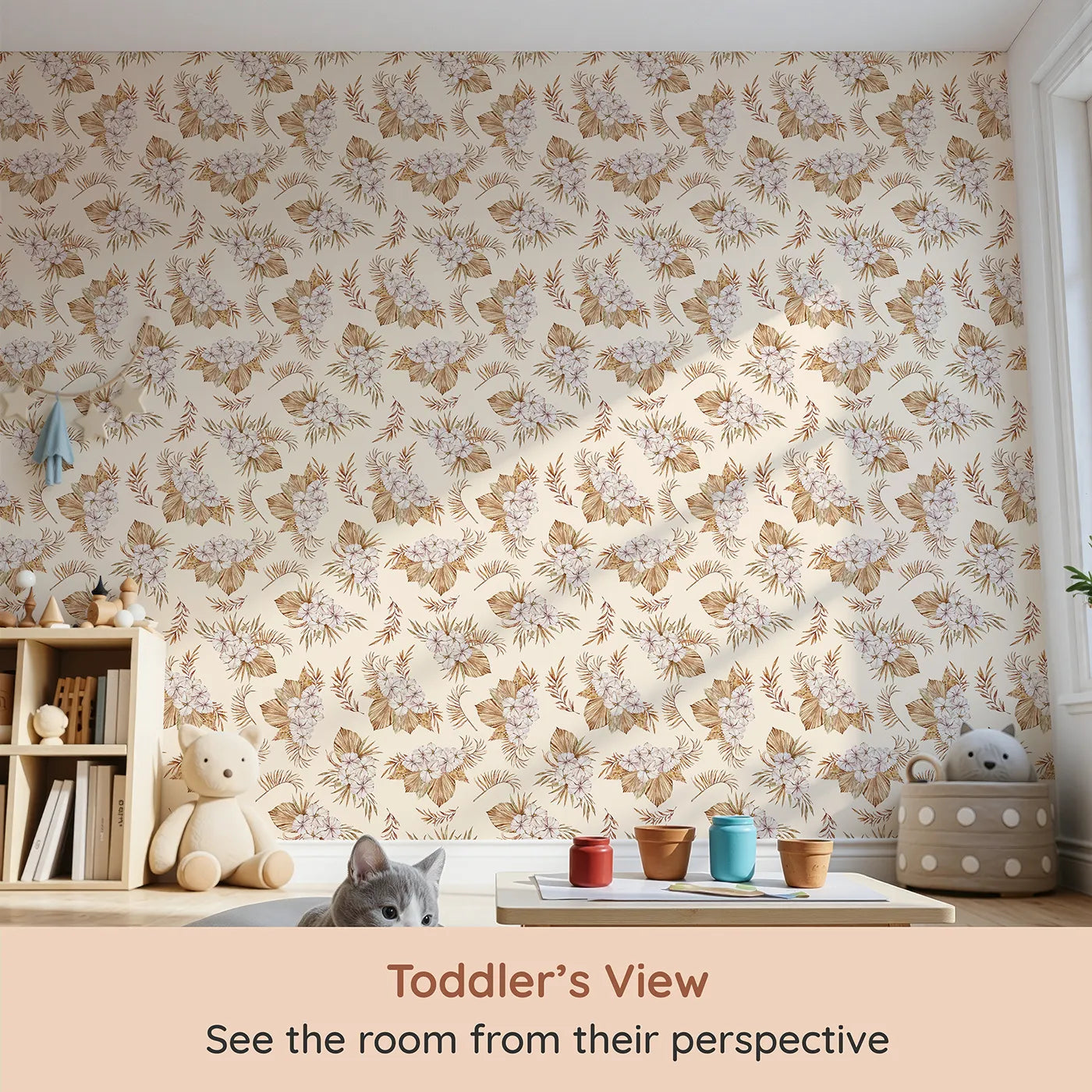 Whimsy Tots Dried Bloom Cascade Wallpaper in Cream (W3292C) from your child's view.Warm florals bloom softly across a creamy neutral sky.