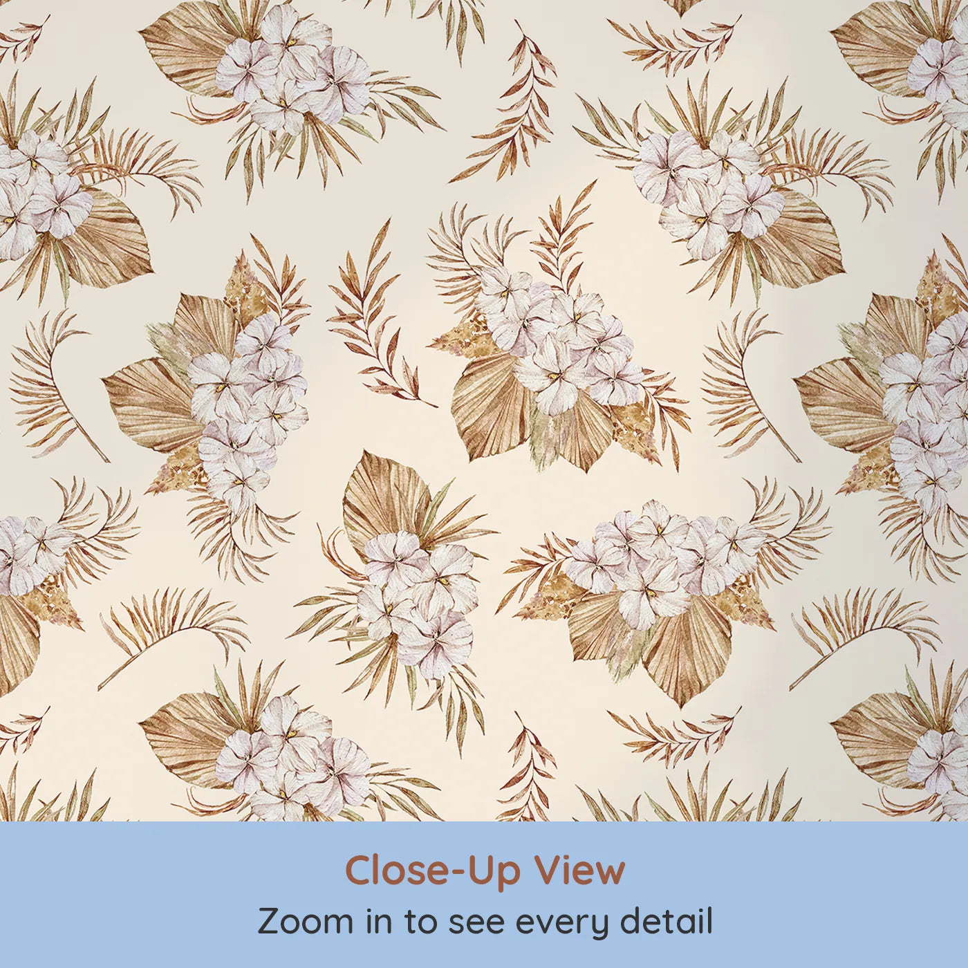 Close-up view of Whimsy Tots' Dried Bloom Cascade Wallpaper in Cream (W3292C).Warm florals bloom softly across a creamy neutral sky.