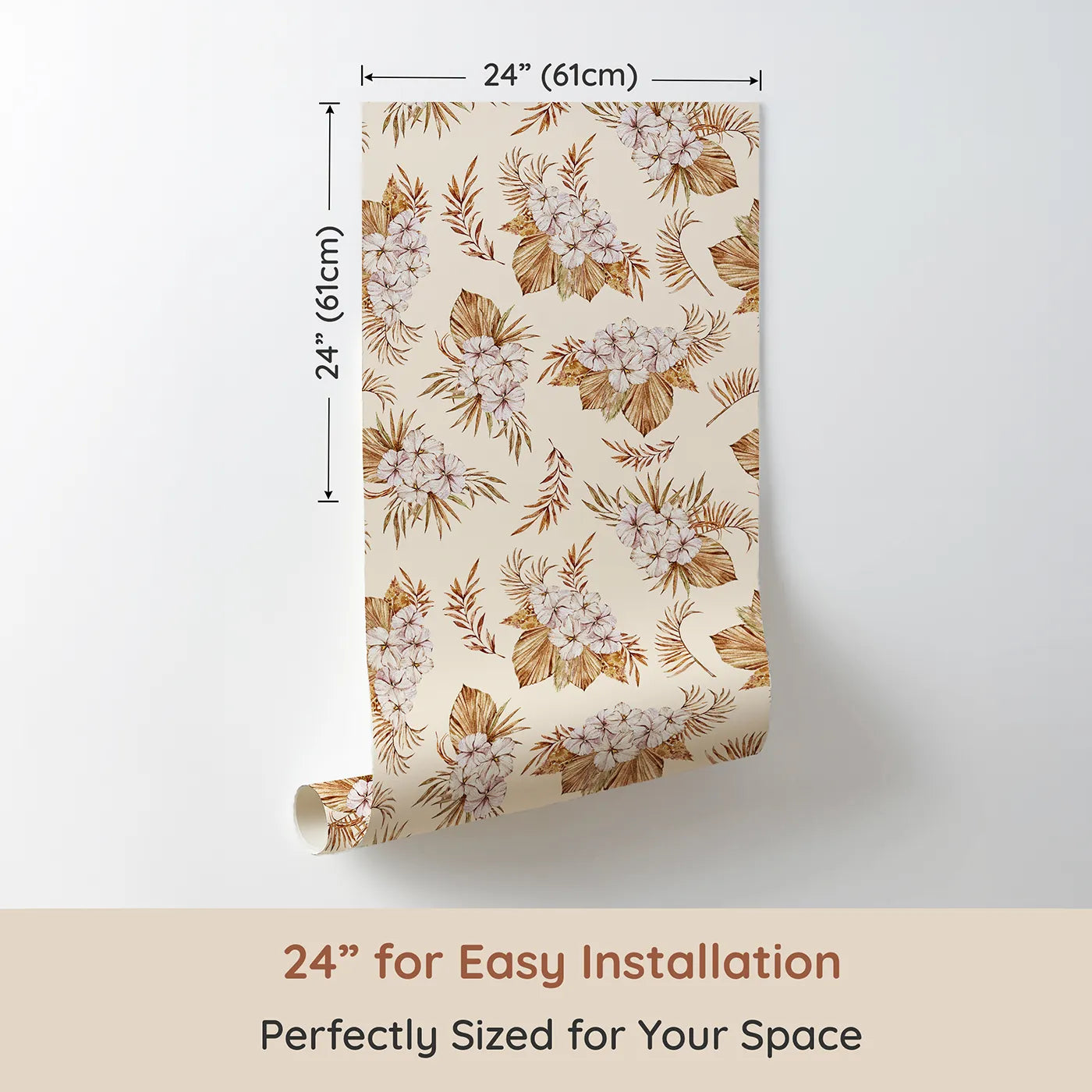 Dimension view of Whimsy Tots Dried Bloom Cascade Wallpaper in Cream (W3292C). Printed in 24-inch-wide panel for easy installation. Warm florals bloom softly across a creamy neutral sky.