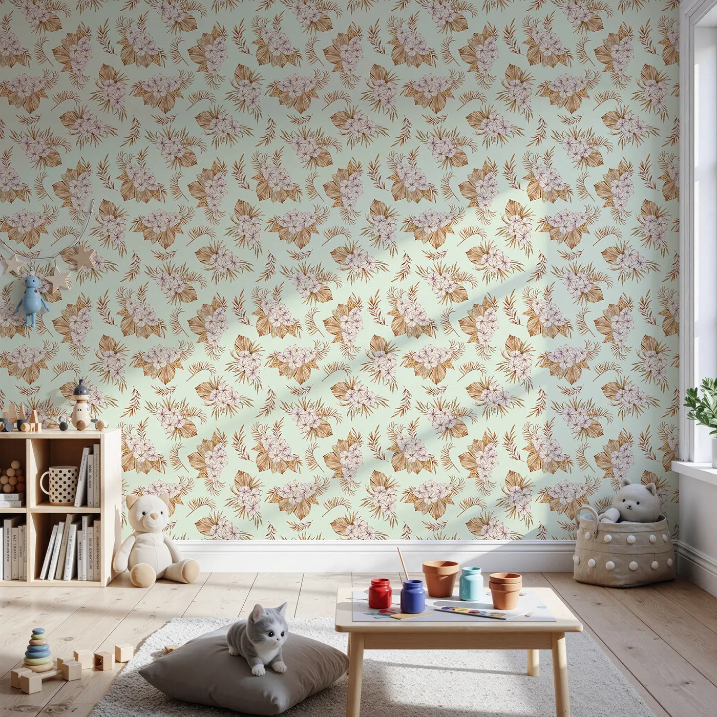 Front view of Whimsy Tots' Dried Bloom Cascade Wallpaper in Mint Green