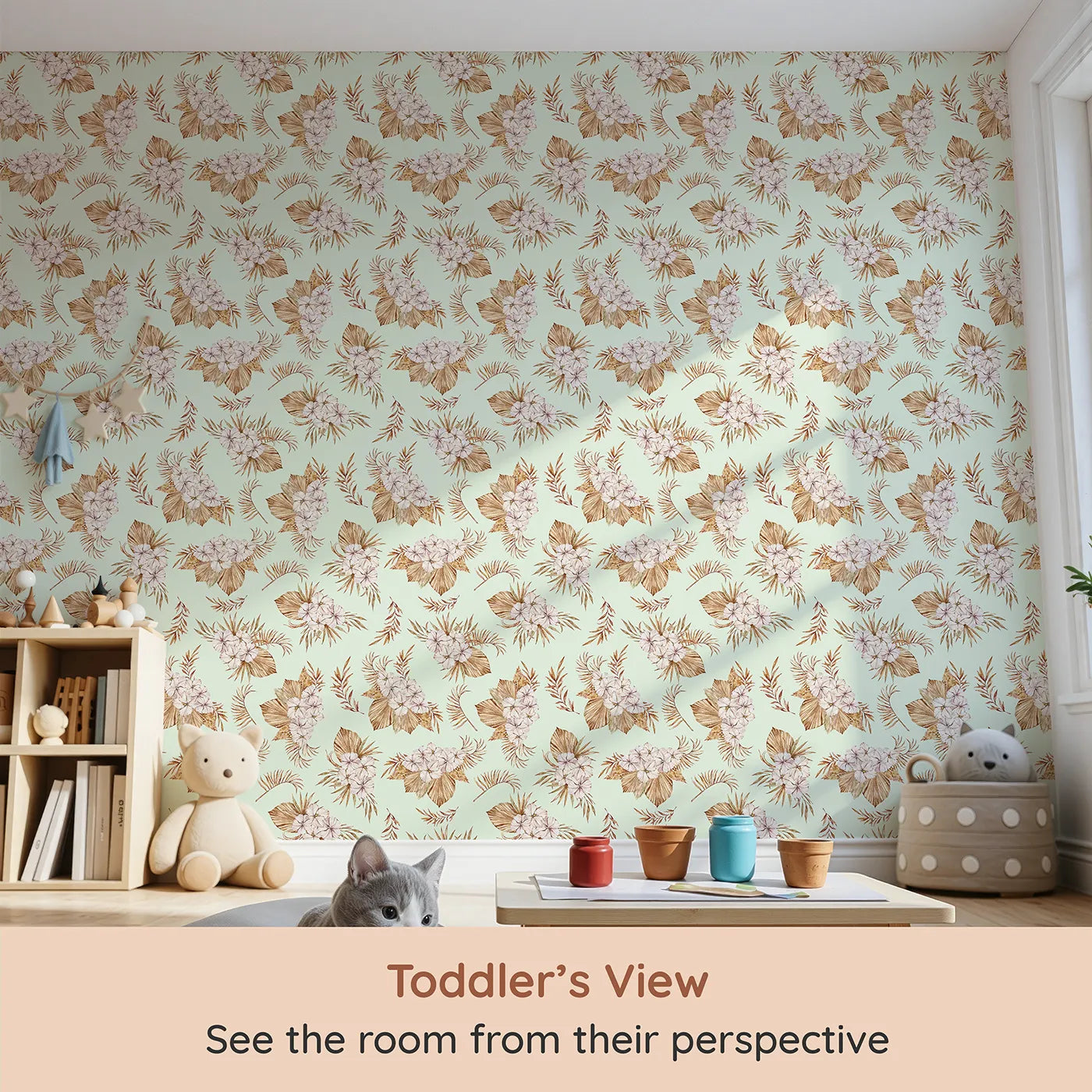 Whimsy Tots Dried Bloom Cascade Wallpaper in Mint Green (W3292D) from your child's view.Soft green skies cradle clusters of blush and beige botanicals.