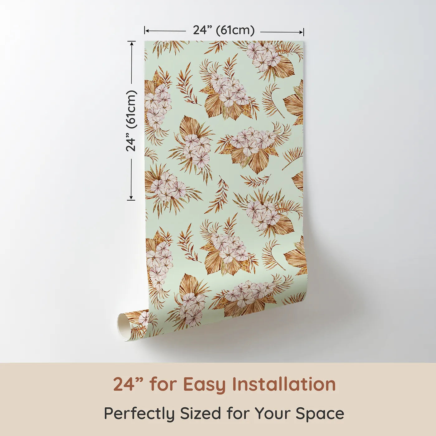 Dimension view of Whimsy Tots Dried Bloom Cascade Wallpaper in Mint Green (W3292D). Printed in 24-inch-wide panel for easy installation. Soft green skies cradle clusters of blush and beige botanicals.