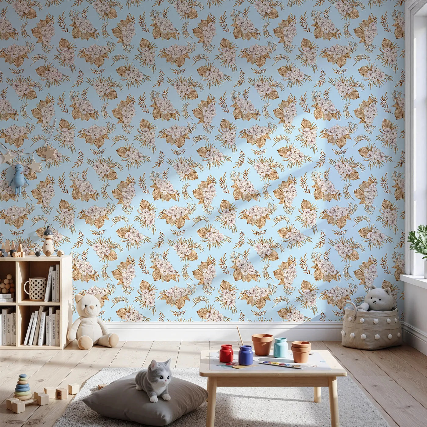 Front view of Whimsy Tots' Dried Bloom Cascade Wallpaper in Blue