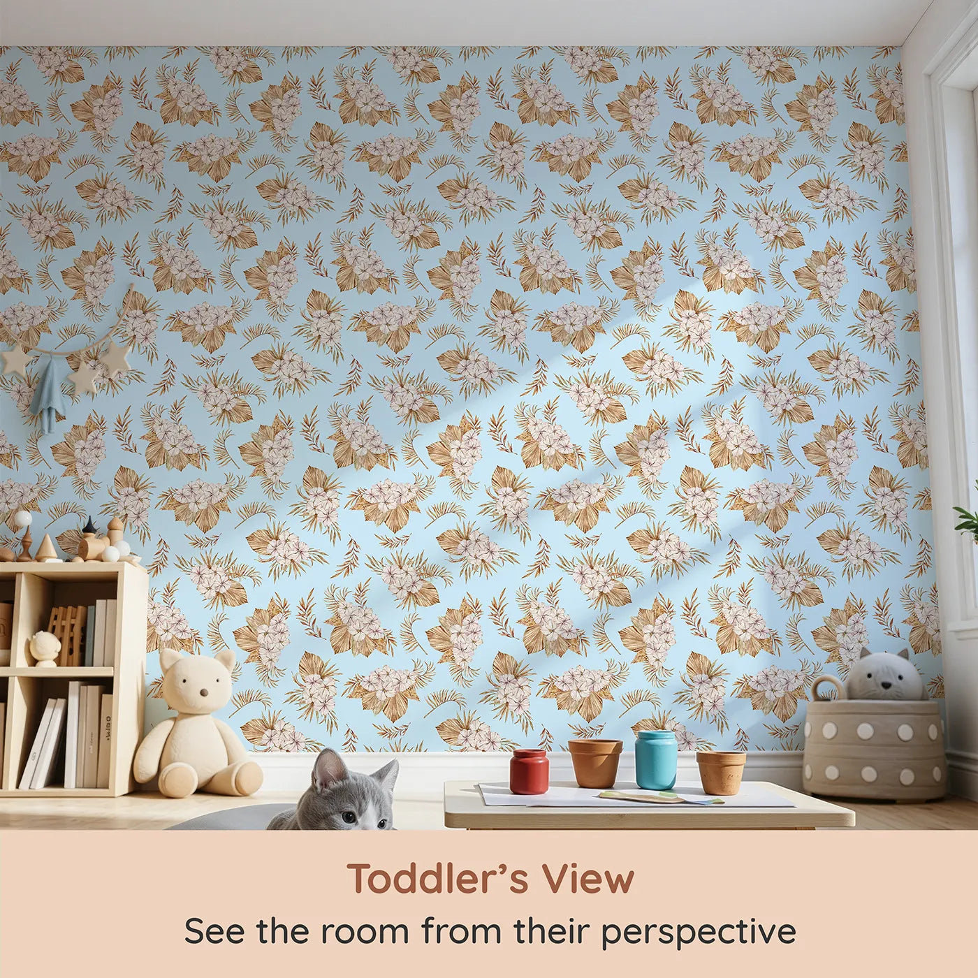 Whimsy Tots Dried Bloom Cascade Wallpaper in Blue (W3292E) from your child's view.Earthy florals bloom softly across a dreamy blue sky.