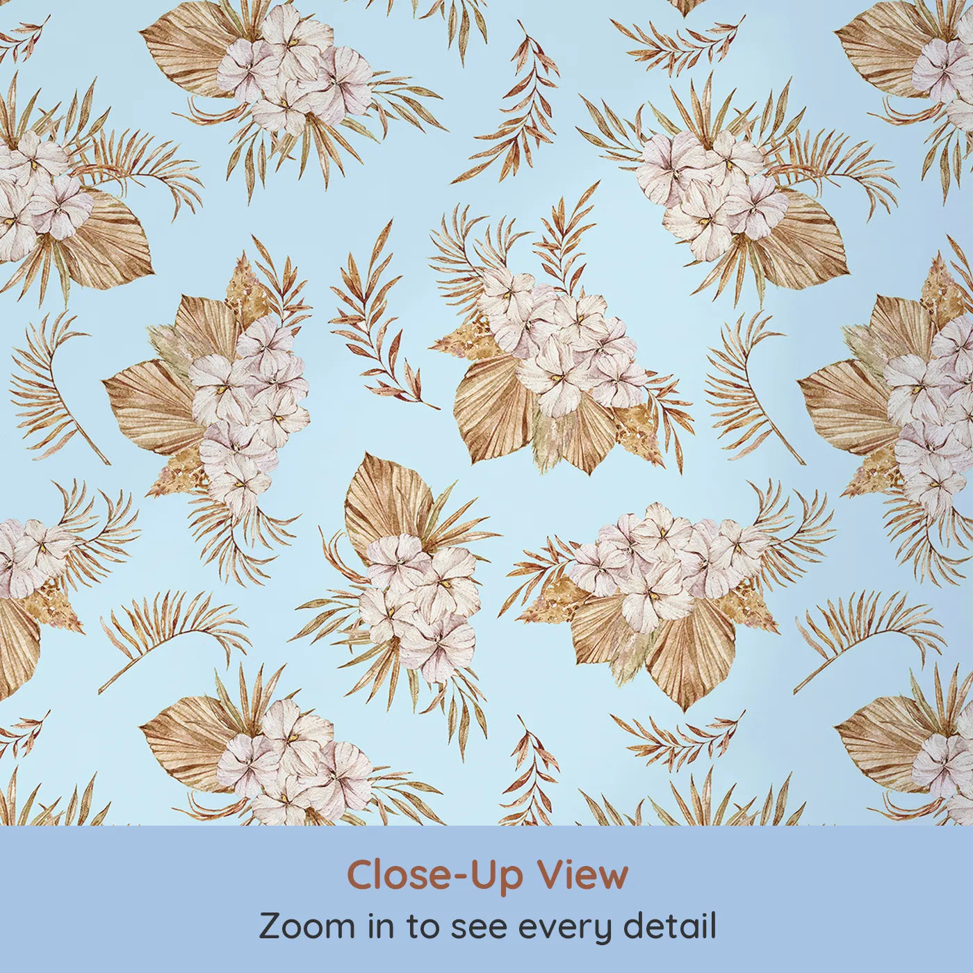 Close-up view of Whimsy Tots' Dried Bloom Cascade Wallpaper in Blue (W3292E).Earthy florals bloom softly across a dreamy blue sky.