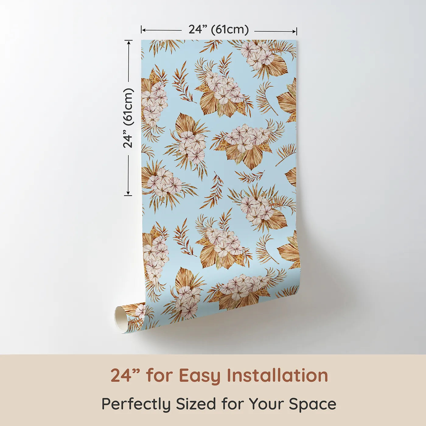 Dimension view of Whimsy Tots Dried Bloom Cascade Wallpaper in Blue (W3292E). Printed in 24-inch-wide panel for easy installation. Earthy florals bloom softly across a dreamy blue sky.