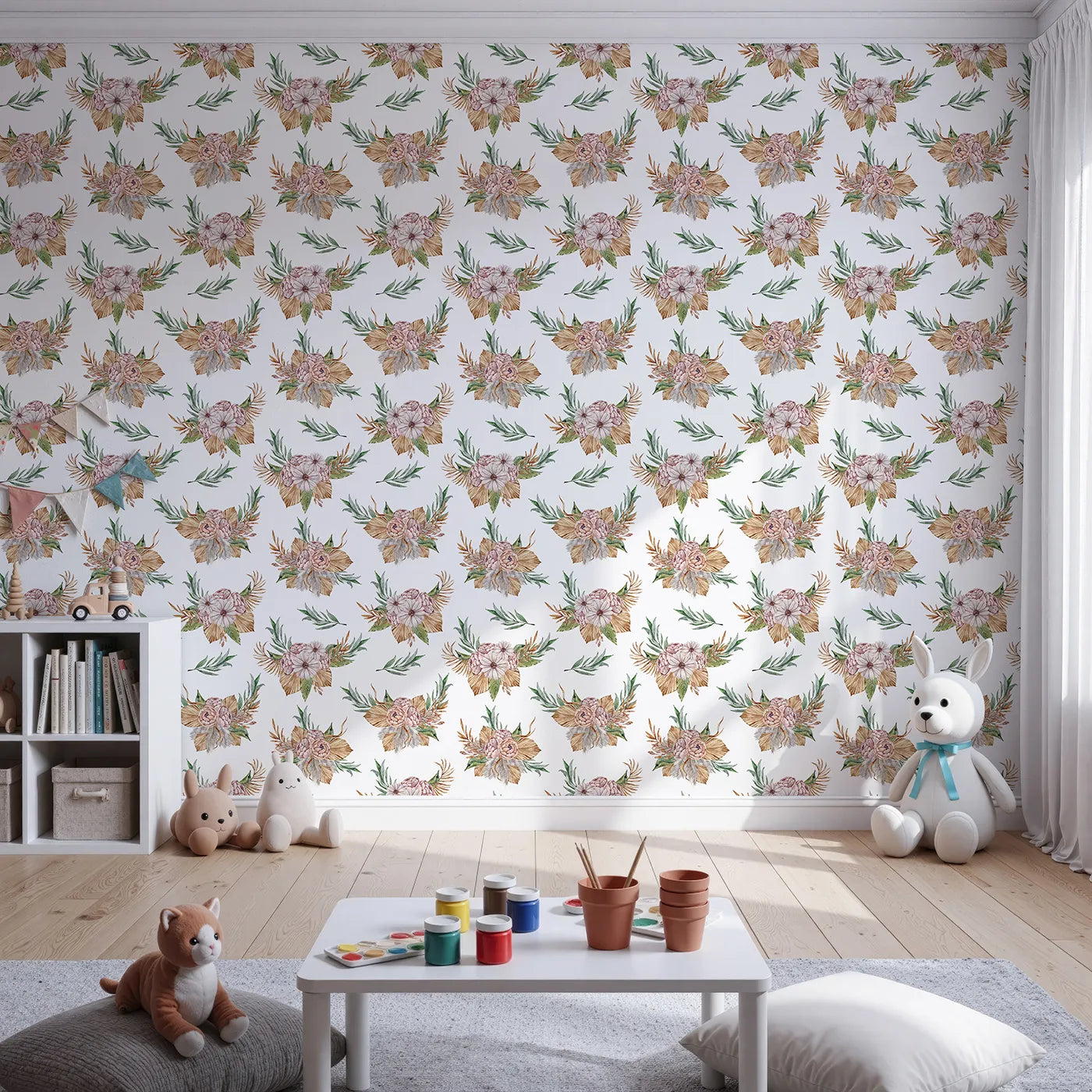 Front view of Whimsy Tots' Rustic Blush Bouquet Wallpaper in White