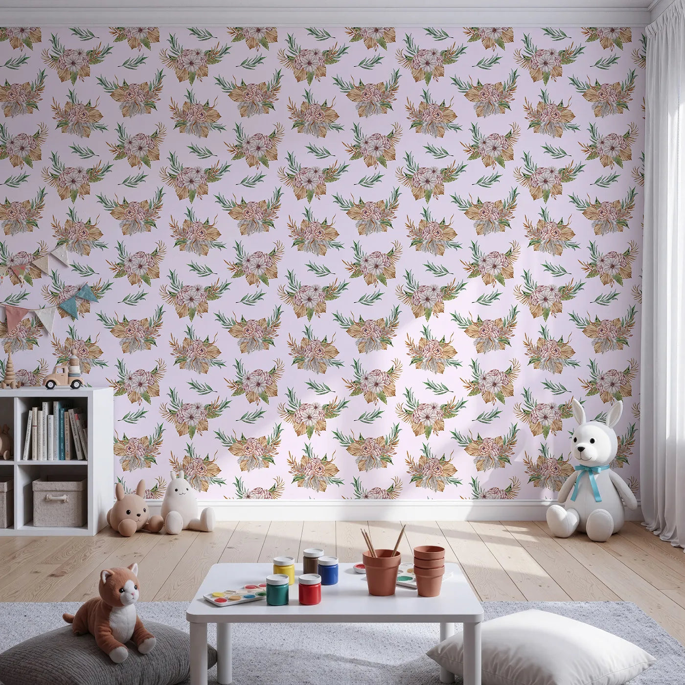 Front view of Whimsy Tots' Rustic Blush Bouquet Wallpaper in Pink