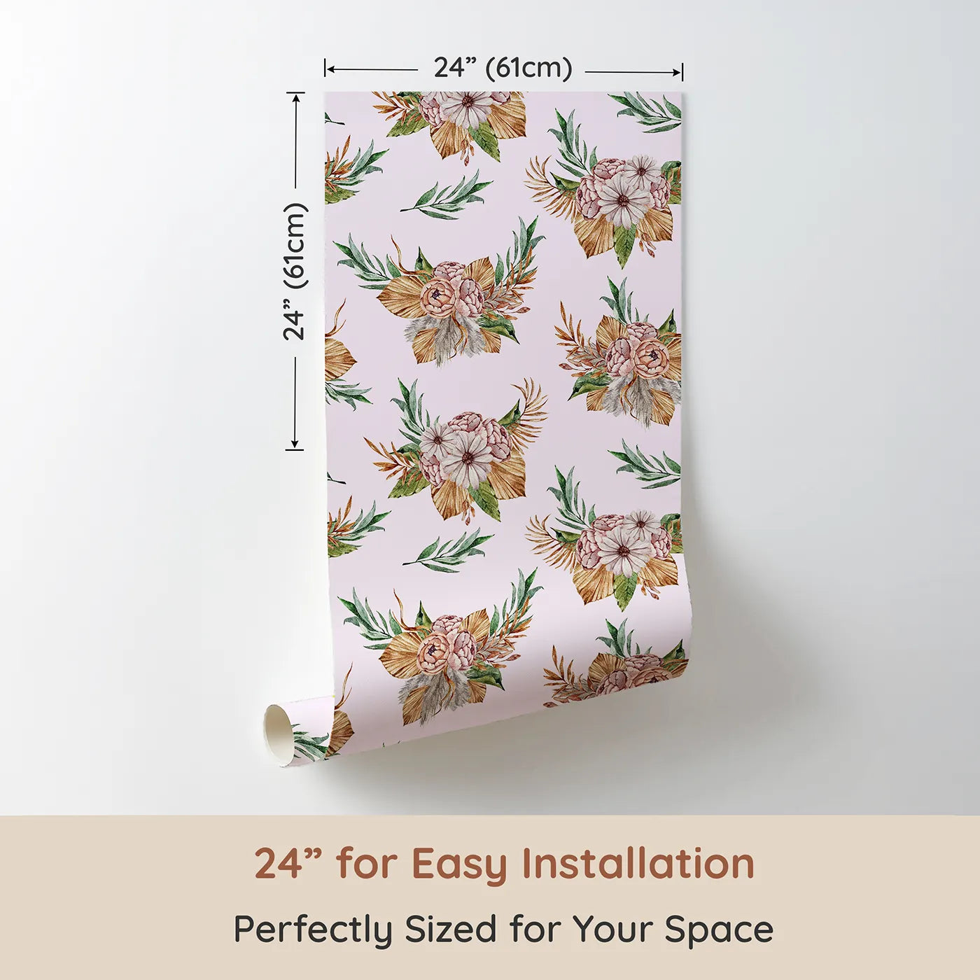 Dimension view of Whimsy Tots Rustic Blush Bouquet Wallpaper in Pink (W3293B). Printed in 24-inch-wide panel for easy installation. A blush-pink sky sets the tone for soft petals and dried leaves.