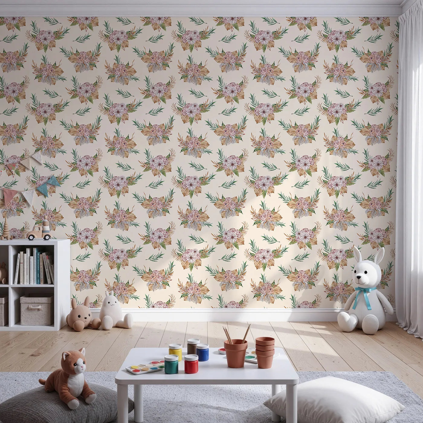 Front view of Whimsy Tots' Rustic Blush Bouquet Wallpaper in Cream