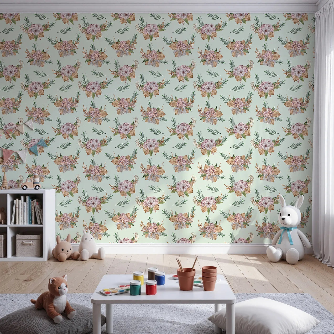 Front view of Whimsy Tots' Rustic Blush Bouquet Wallpaper in Mint Green