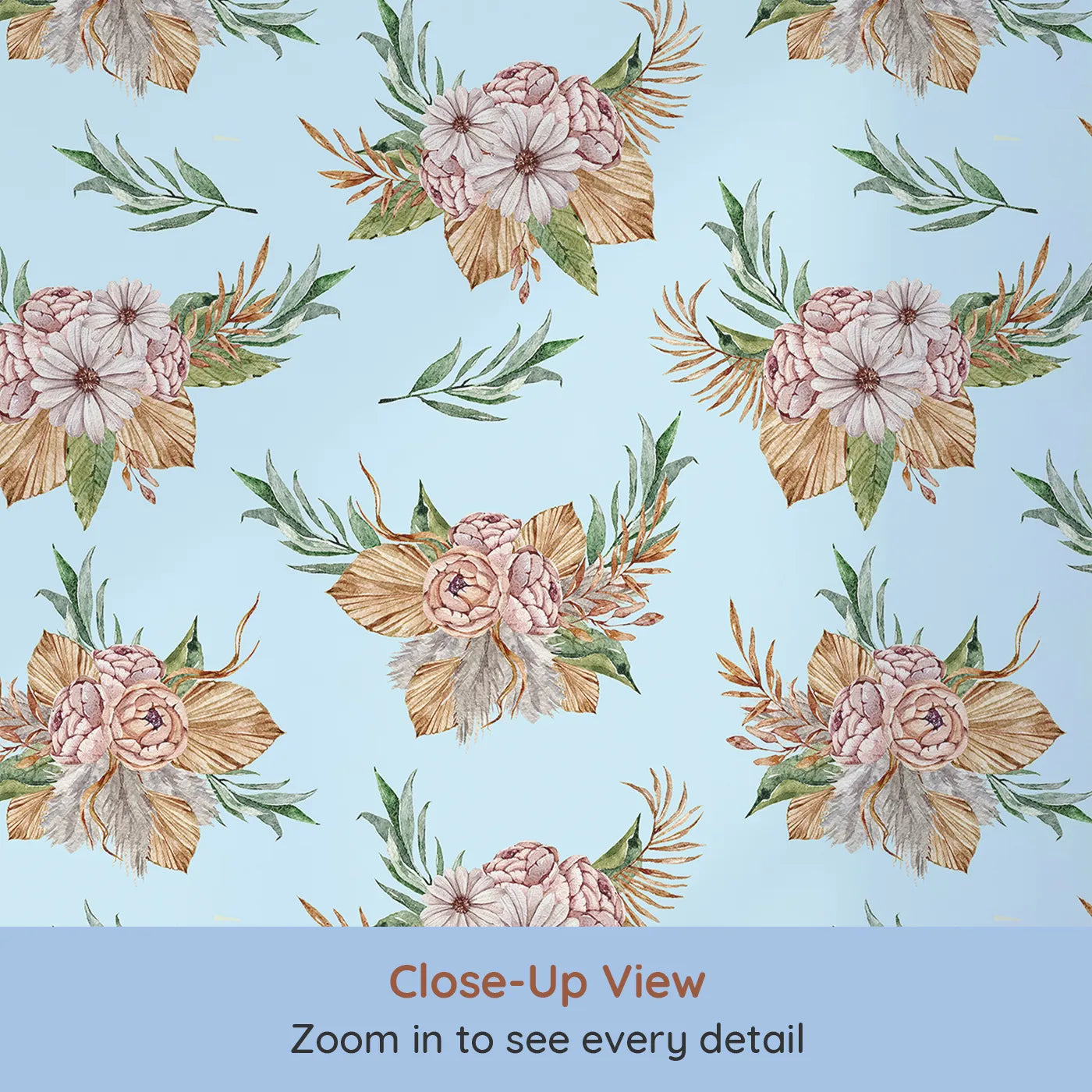 Close-up view of Whimsy Tots' Rustic Blush Bouquet Wallpaper in Blue (W3293E).Airy blue skies cradle soft peonies and boho greenery.
