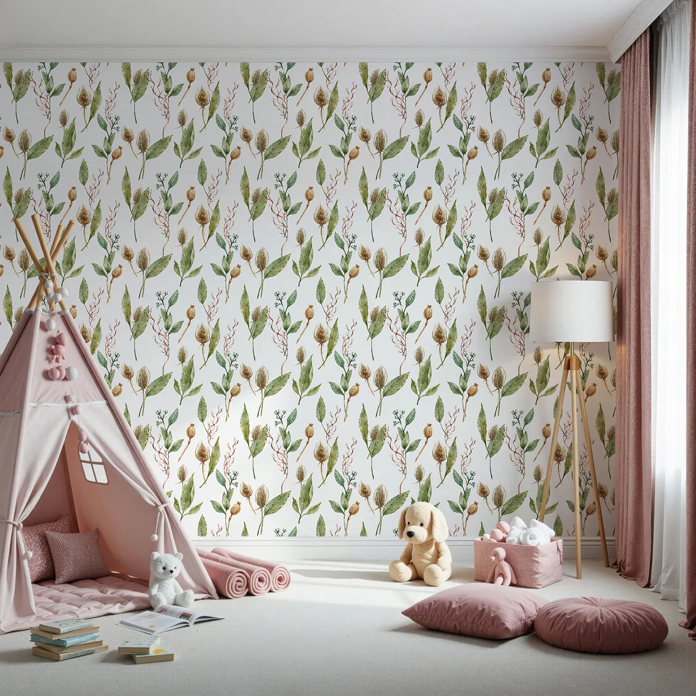 Front view of Whimsy Tots' Woodland Forage Sprigs Wallpaper in White