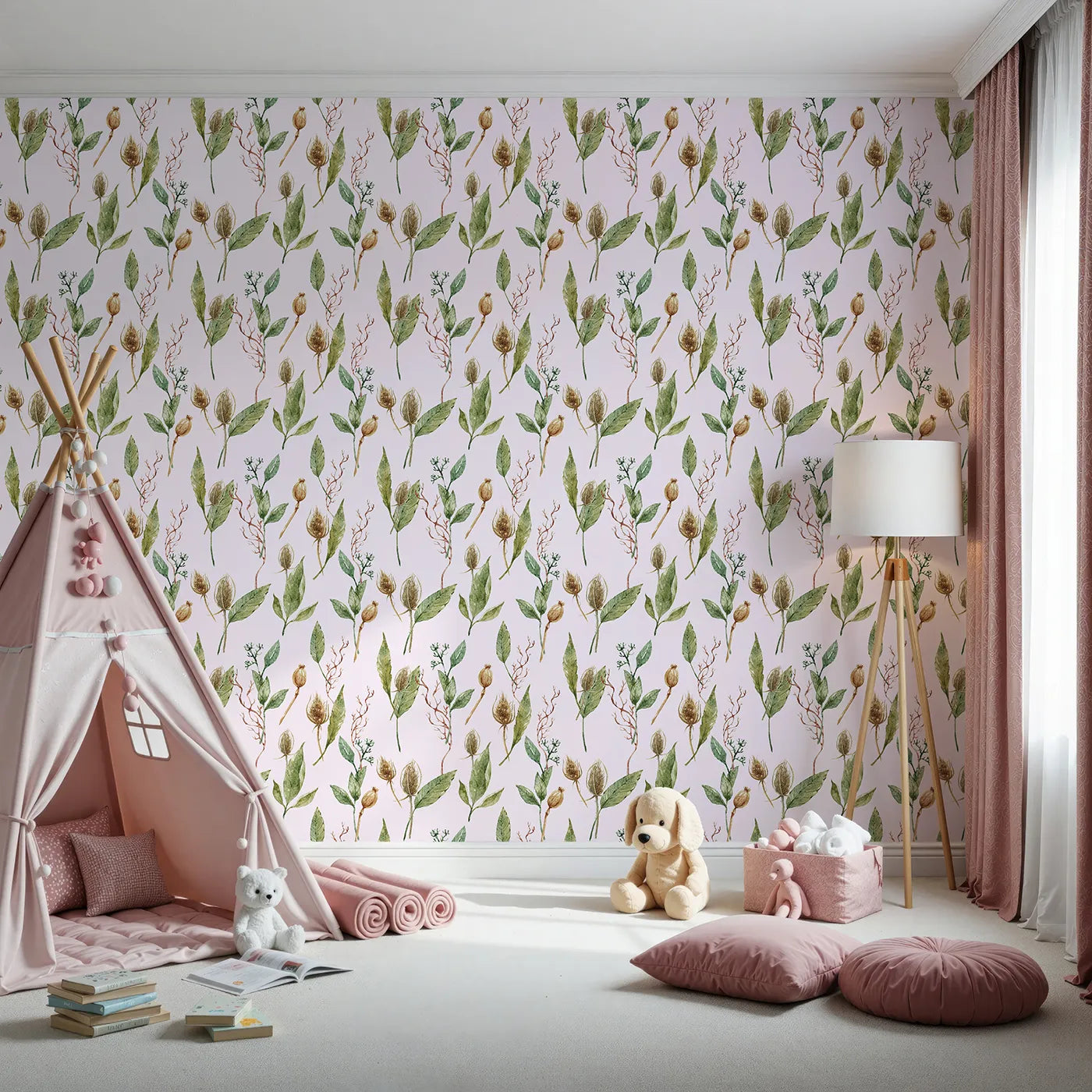 Front view of Whimsy Tots' Woodland Forage Sprigs Wallpaper in Pink