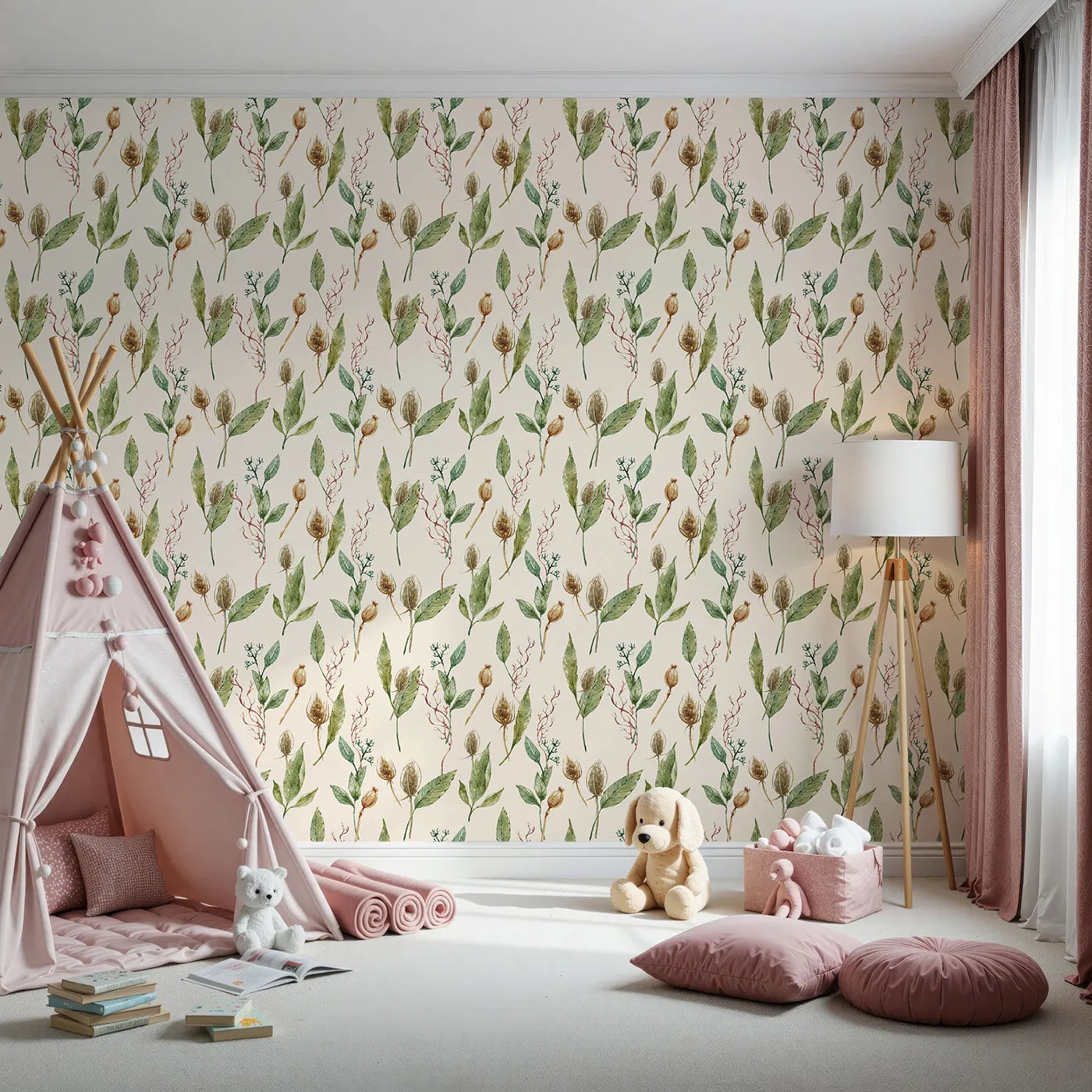 Front view of Whimsy Tots' Woodland Forage Sprigs Wallpaper in Cream