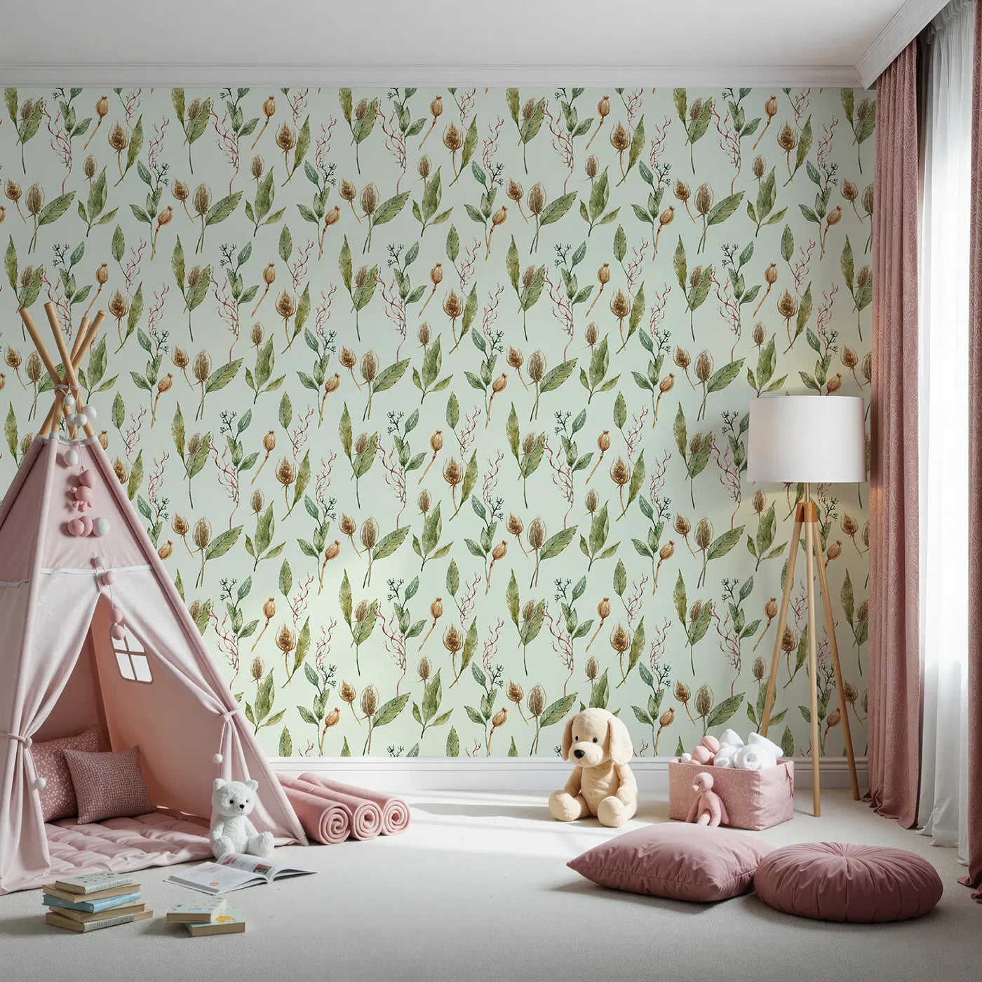Front view of Whimsy Tots' Woodland Forage Sprigs Wallpaper in Mint Green