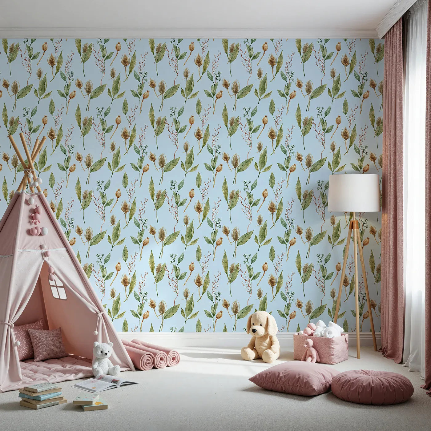 Front view of Whimsy Tots' Woodland Forage Sprigs Wallpaper in Blue