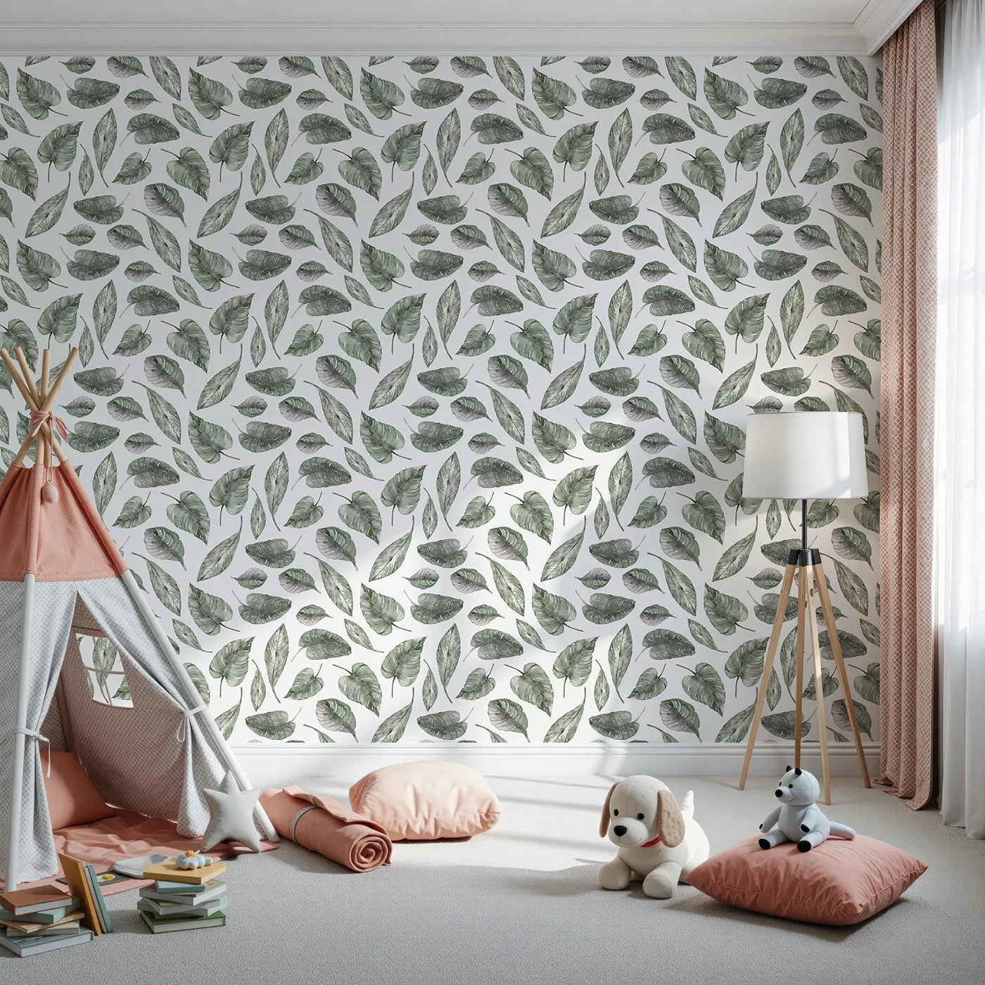 Front view of Whimsy Tots' Monsoon Leaf Drift Wallpaper in White