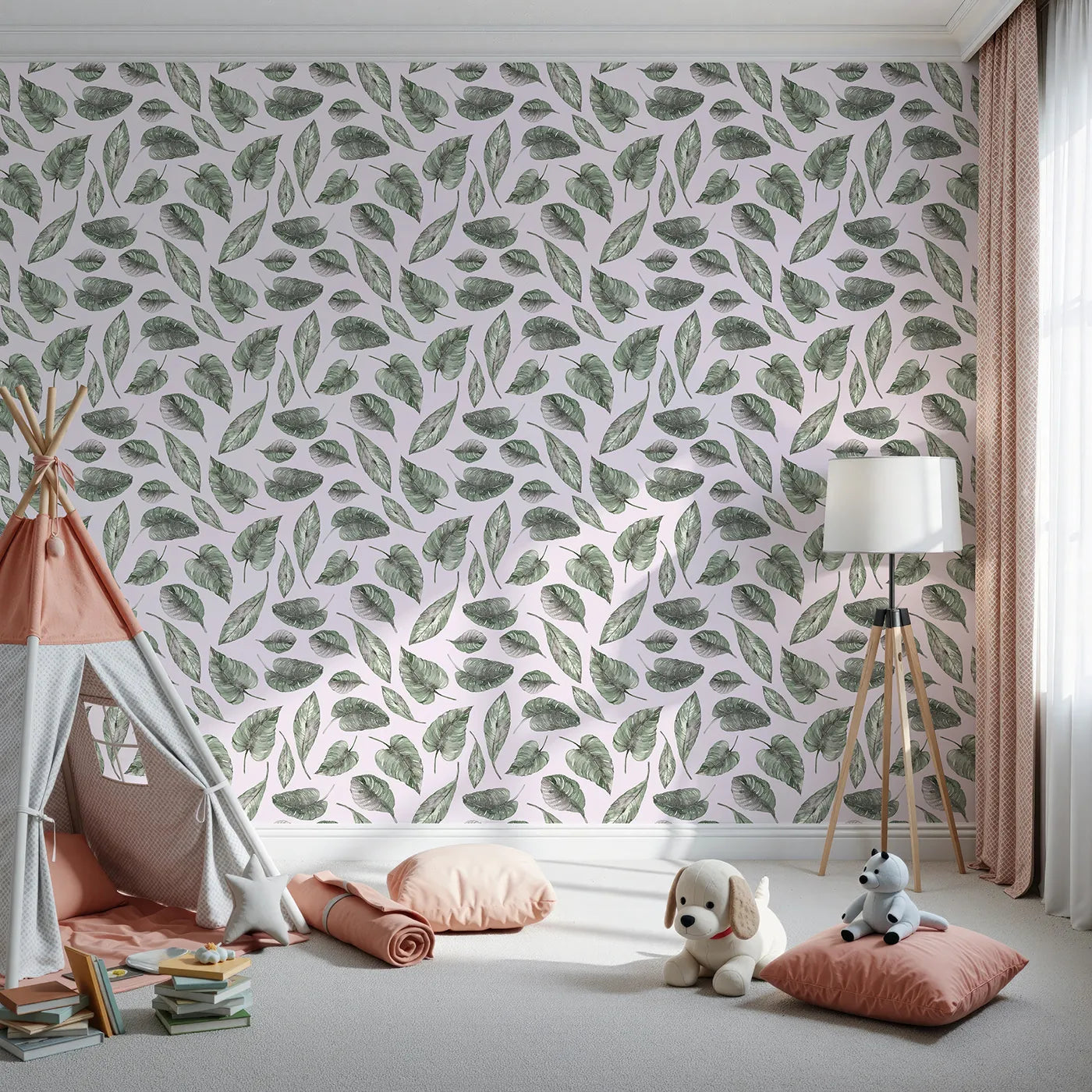 Front view of Whimsy Tots' Monsoon Leaf Drift Wallpaper in Pink