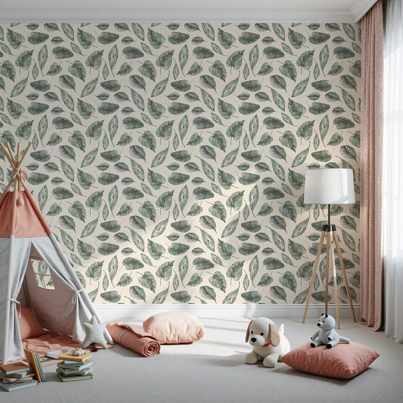 Front view of Whimsy Tots' Monsoon Leaf Drift Wallpaper in Cream