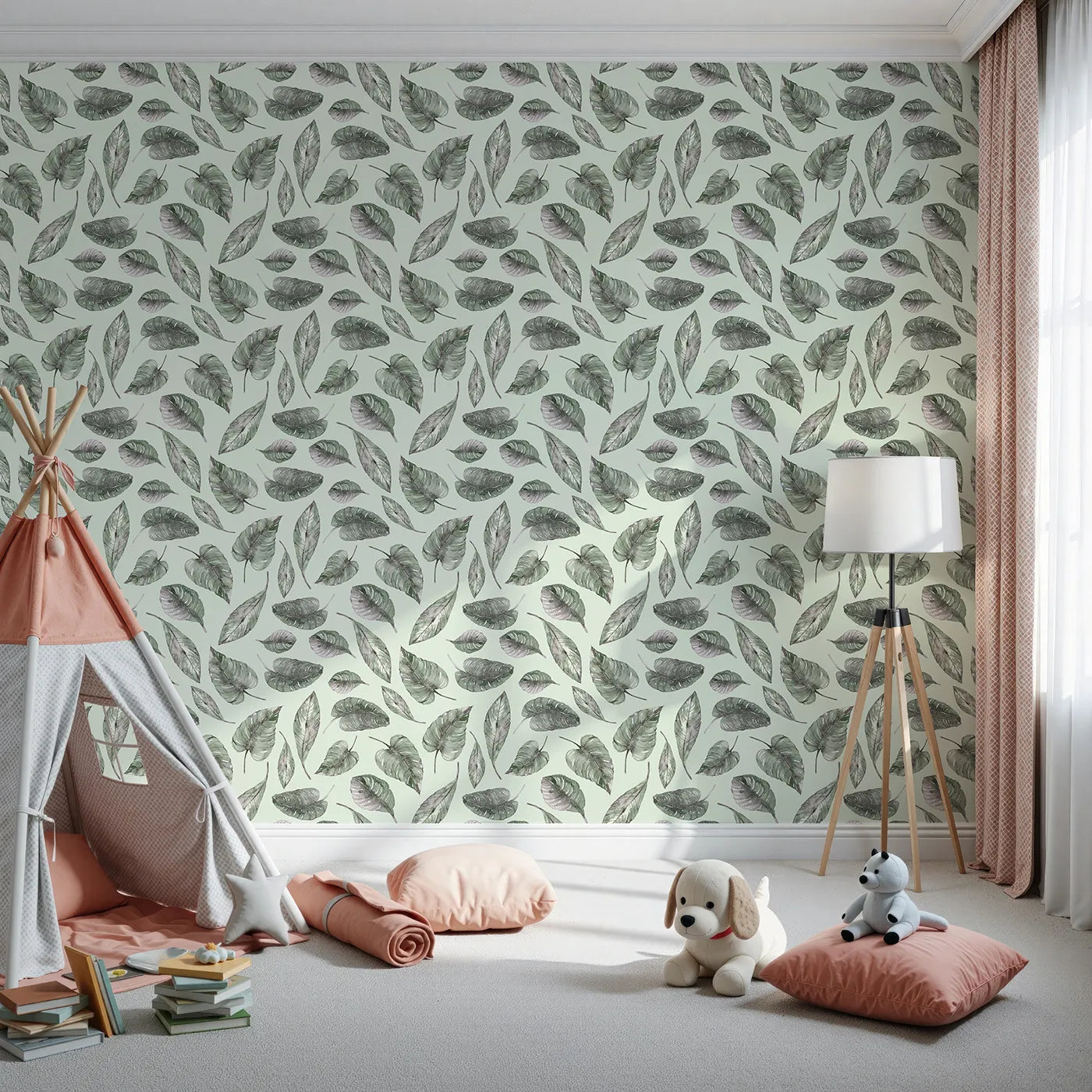 Front view of Whimsy Tots' Monsoon Leaf Drift Wallpaper in Mint Green
