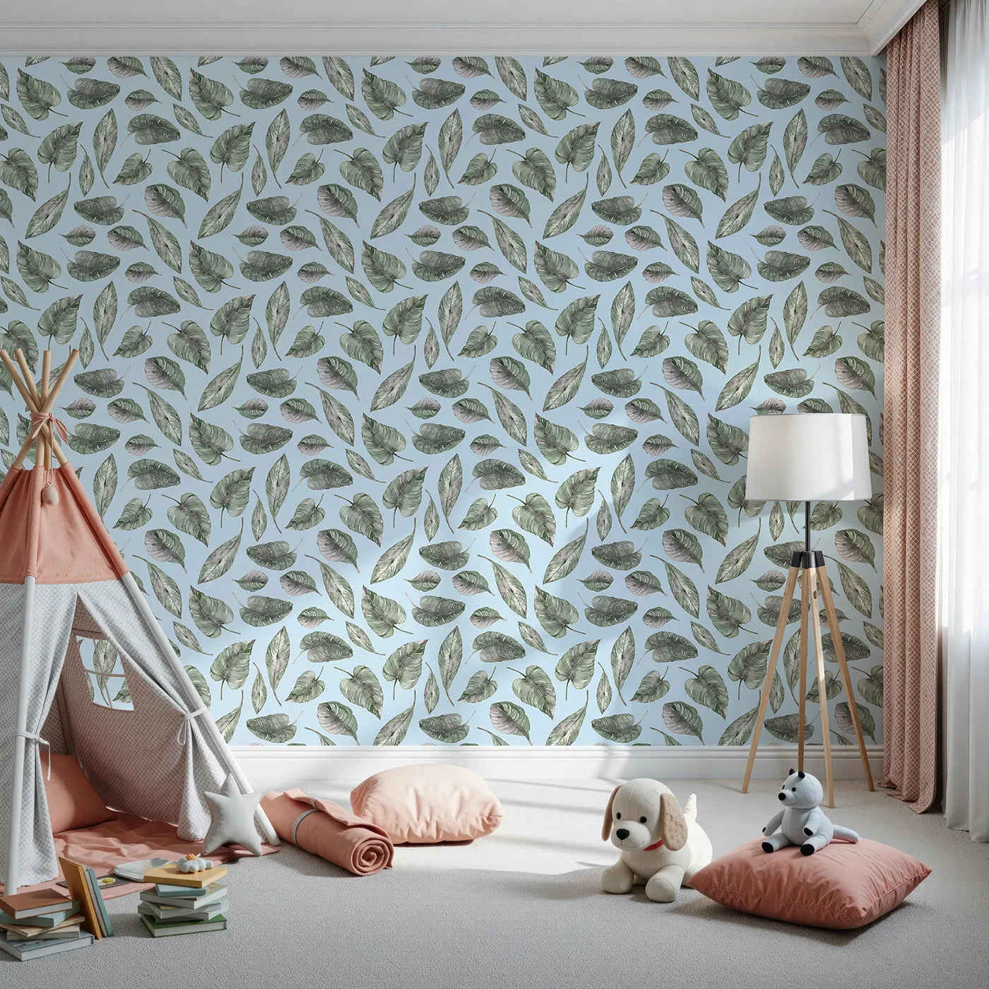 Front view of Whimsy Tots' Monsoon Leaf Drift Wallpaper in Blue