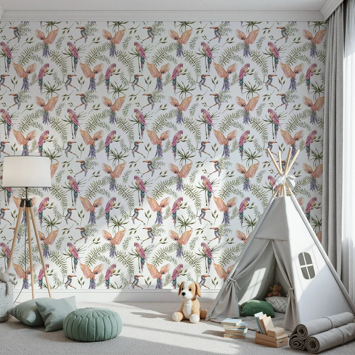 Front view of Whimsy Tots' Tropical Bird Canopy Wallpaper in White