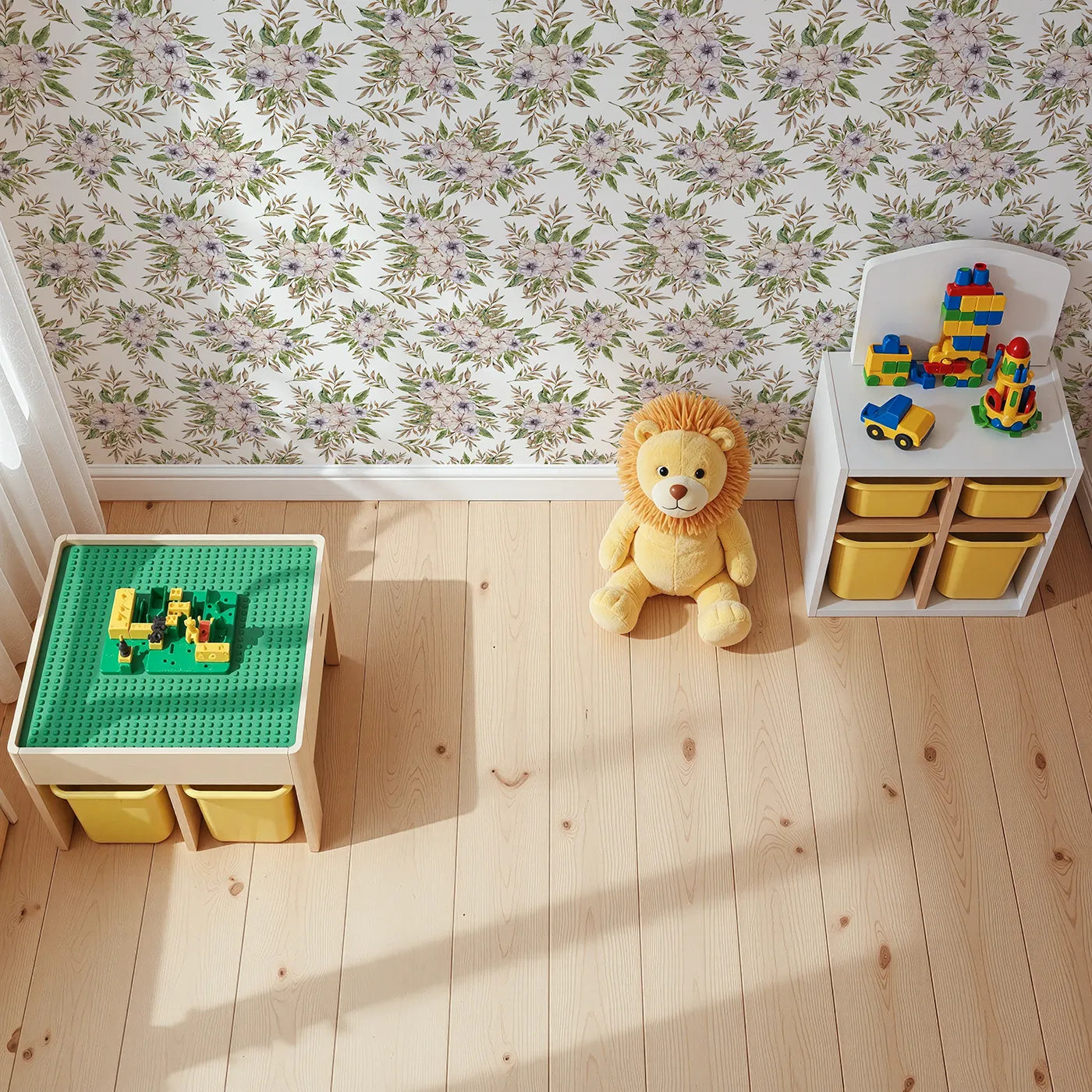 Top-Down view of Whimsy Tots' Meadow Petal Cluster Wallpaper (W3298).Soft pink petals and leafy greens create a peaceful floral daydream.