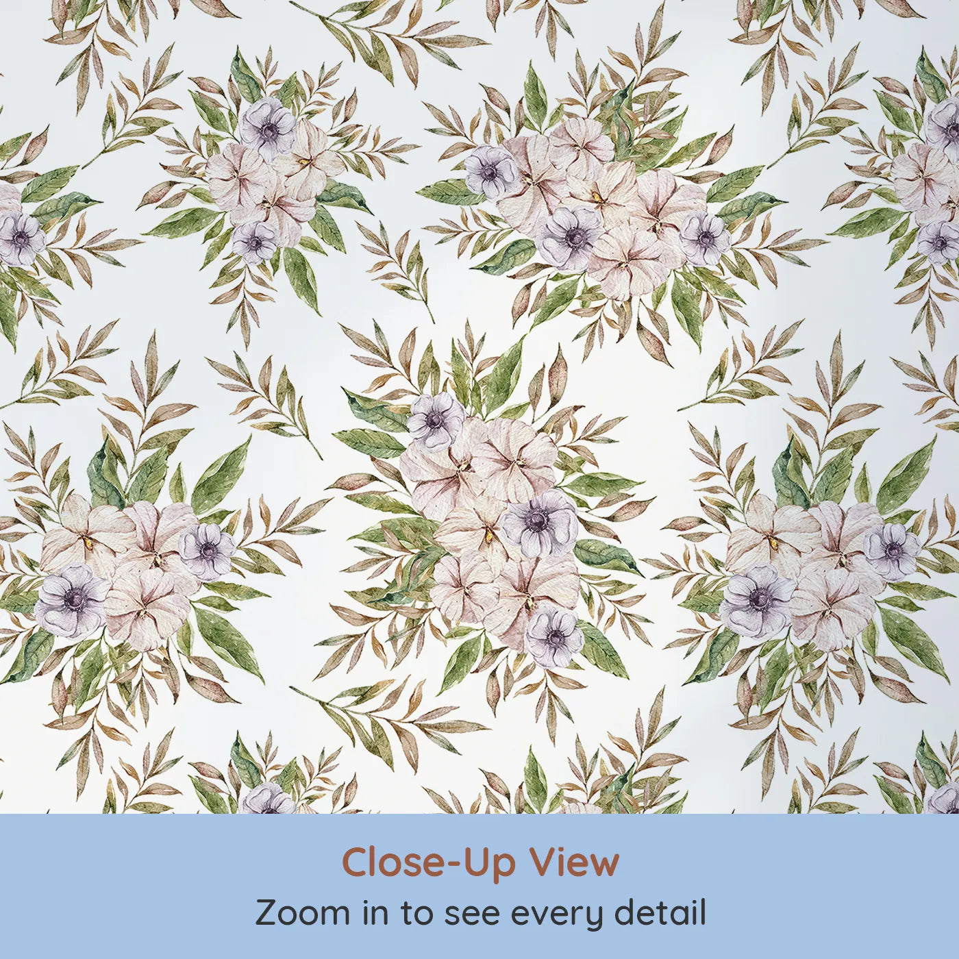 Close-up view of Whimsy Tots' Meadow Petal Cluster Wallpaper (W3298).Soft pink petals and leafy greens create a peaceful floral daydream.