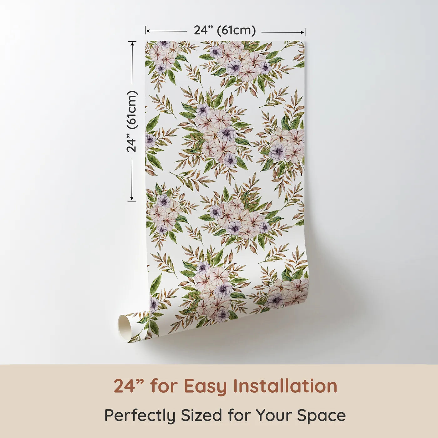 Dimension view of Whimsy Tots Meadow Petal Cluster Wallpaper (W3298). Printed in 24-inch-wide panel for easy installation. Soft pink petals and leafy greens create a peaceful floral daydream.