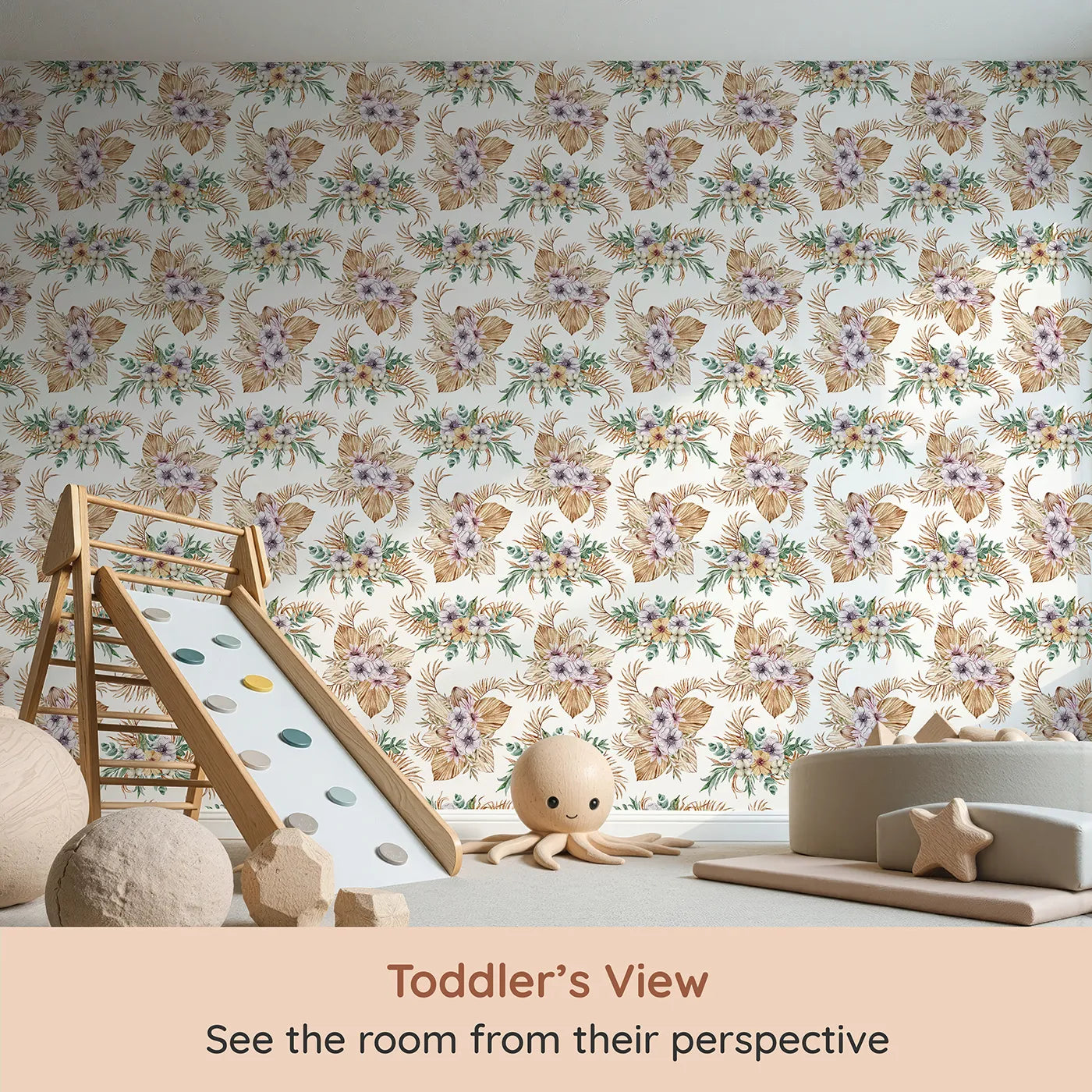 Whimsy Tots Tropical Bloom Medley Wallpaper (W3299) from your child's view.Blush blooms, sun-dried leaves, and tropical greens dance in cozy harmony.
